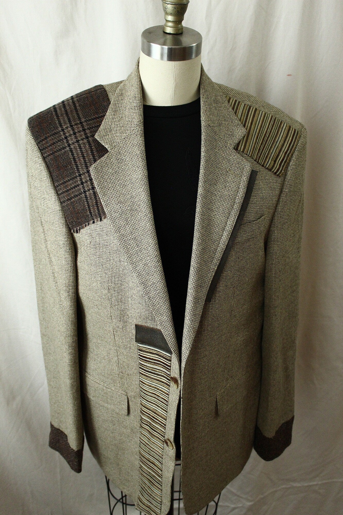 Blazer, jacket, Men's Beige wool Blazer with wool cuffs, leather and wool appliques, repurposed, one of a kind. Designed by Wendel Johnston