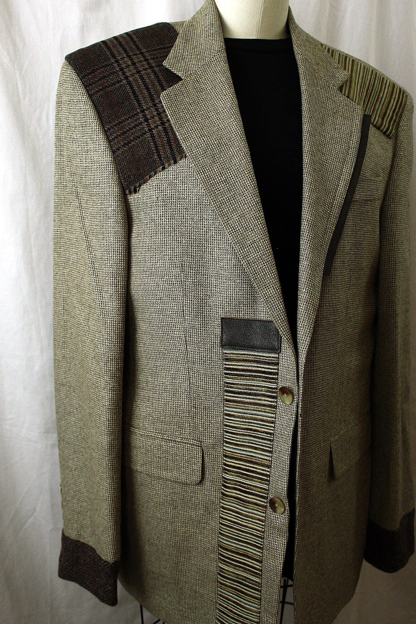 Blazer, jacket, Men's Beige wool Blazer with wool cuffs, leather and wool appliques, repurposed, one of a kind. Designed by Wendel Johnston