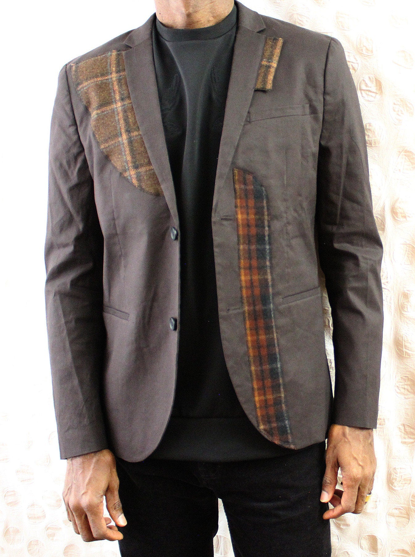 Blazer, Jacket, Brown linen and cotton, with wool plaid appliques, repurposed, one of a kind. Designed by Wendel Johnston.