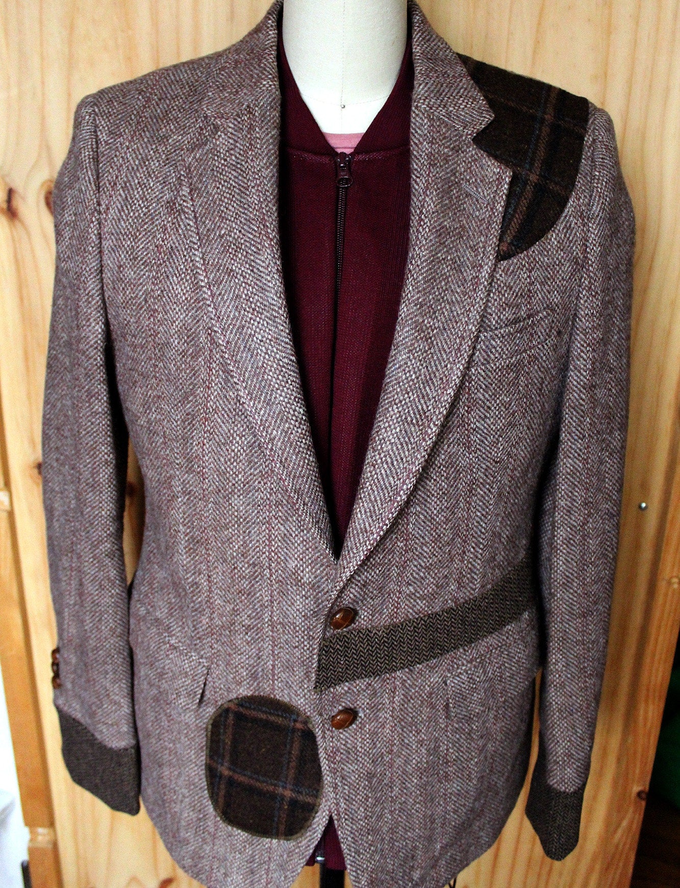 Jacket, Men's Beige wool Tweed Blazer with wool cuffs and plaid appliques repurposed, one of a kind. Designed by Wendel Johnston
