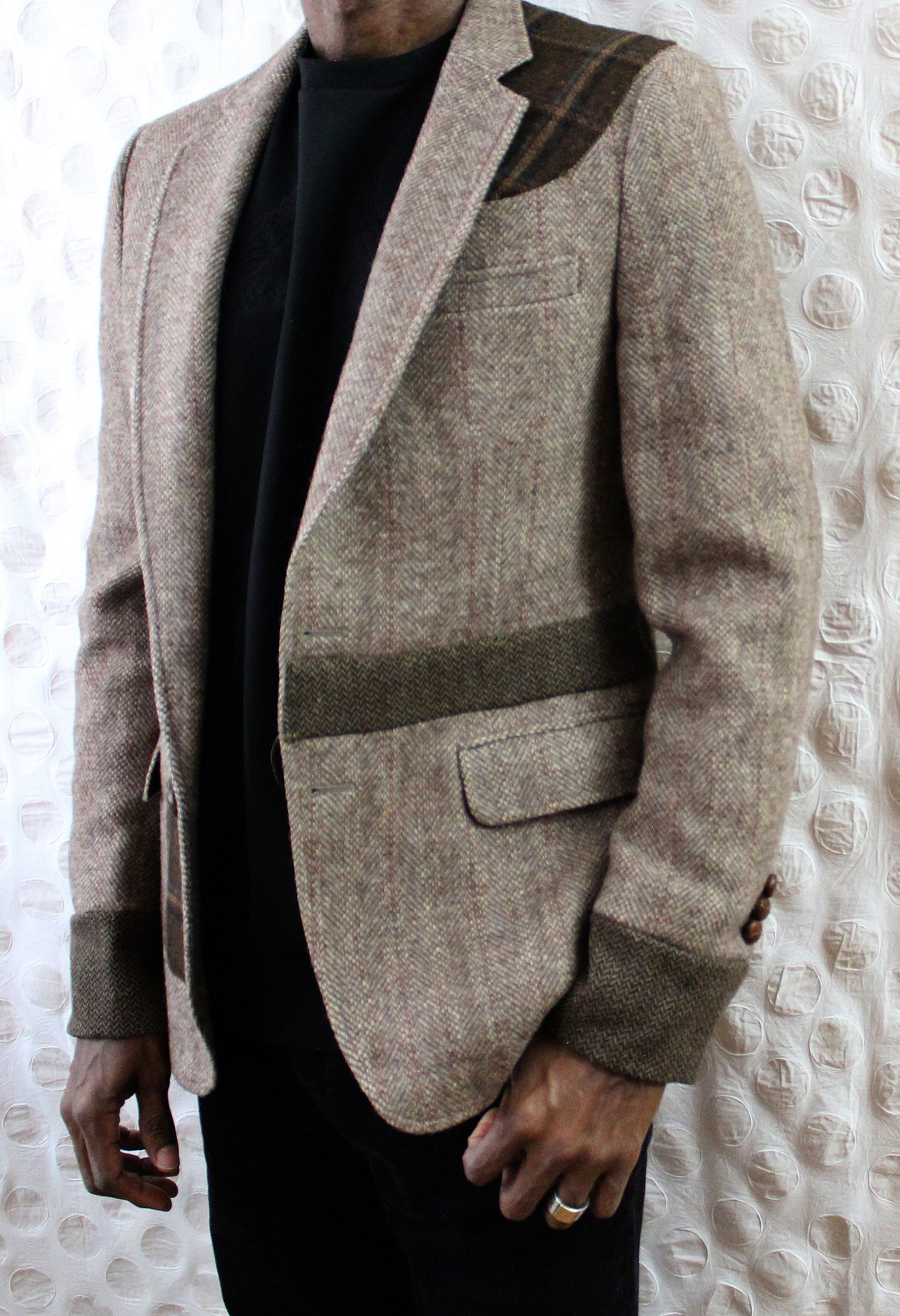 Jacket, Men's Beige wool Tweed Blazer with wool cuffs and plaid appliques repurposed, one of a kind. Designed by Wendel Johnston