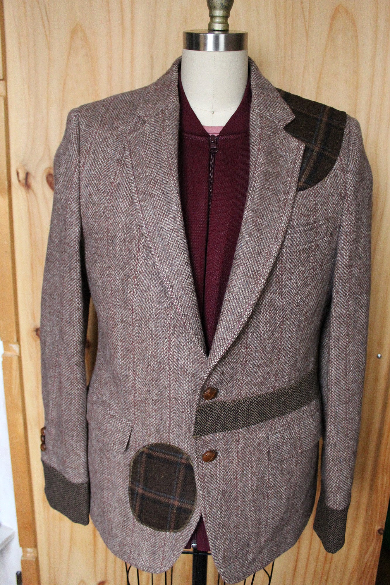 Jacket, Men's Beige wool Tweed Blazer with wool cuffs and plaid appliques repurposed, one of a kind. Designed by Wendel Johnston