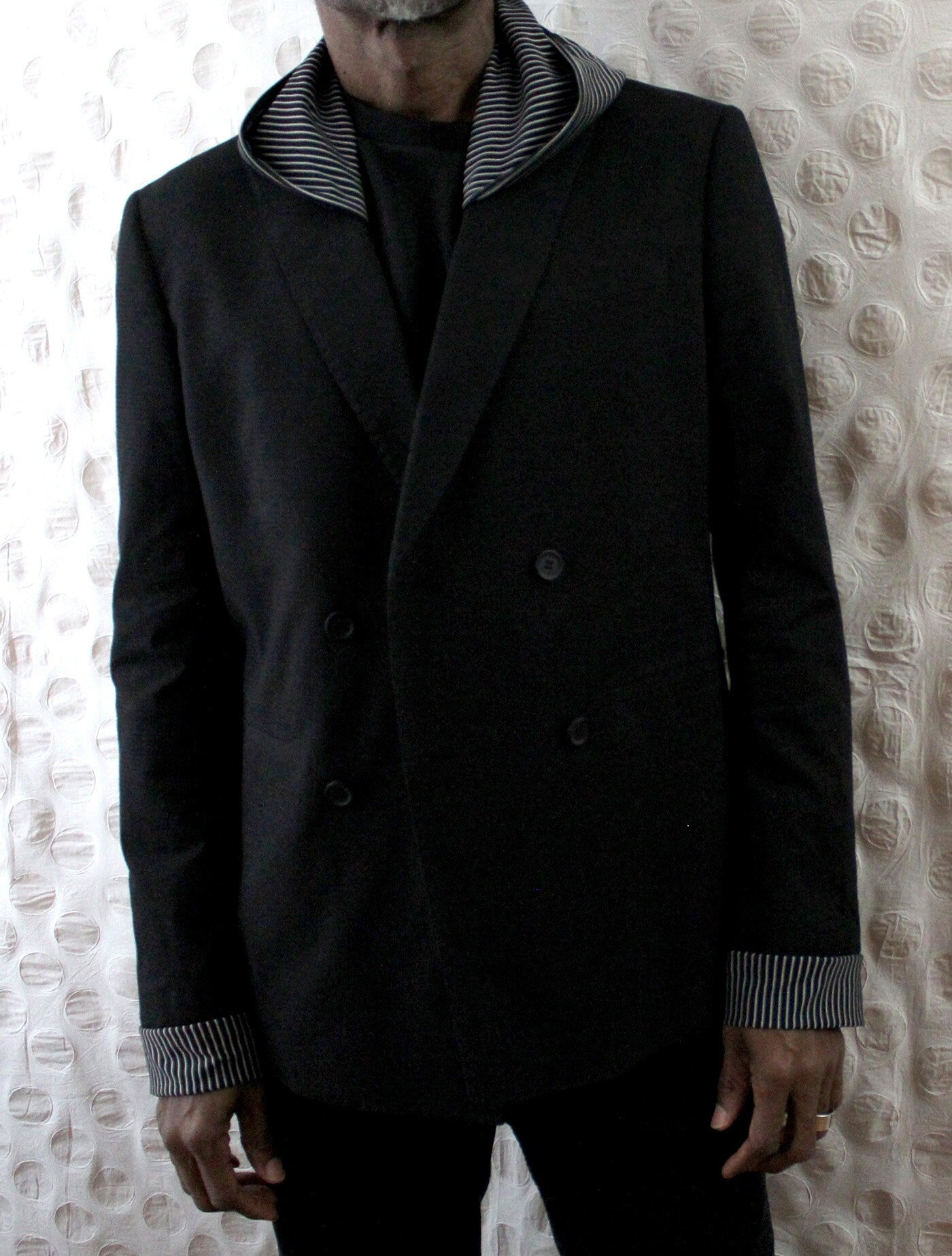Jacket, Double breasted Black cotton poly Hooded Blazer with knitted cuffs and hood repurposed. Designed, tailored by Wendel Johnston
