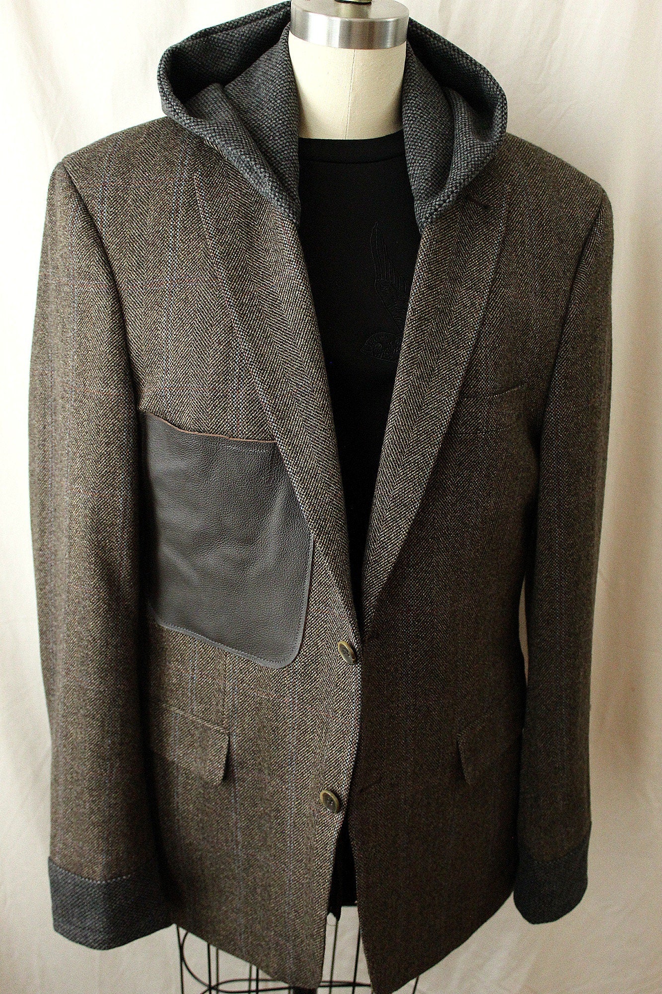 Blazer, Natural brown wool Hooded Blazer with wool cuffs, leather breast pocket, repurposed, one of a kind. Designed by Wendel Johnston.
