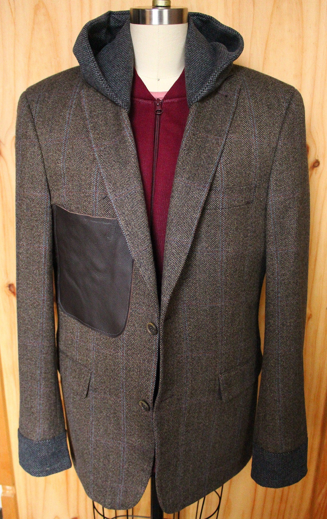 Blazer, Natural brown wool Hooded Blazer with wool cuffs, leather breast pocket, repurposed, one of a kind. Designed by Wendel Johnston.