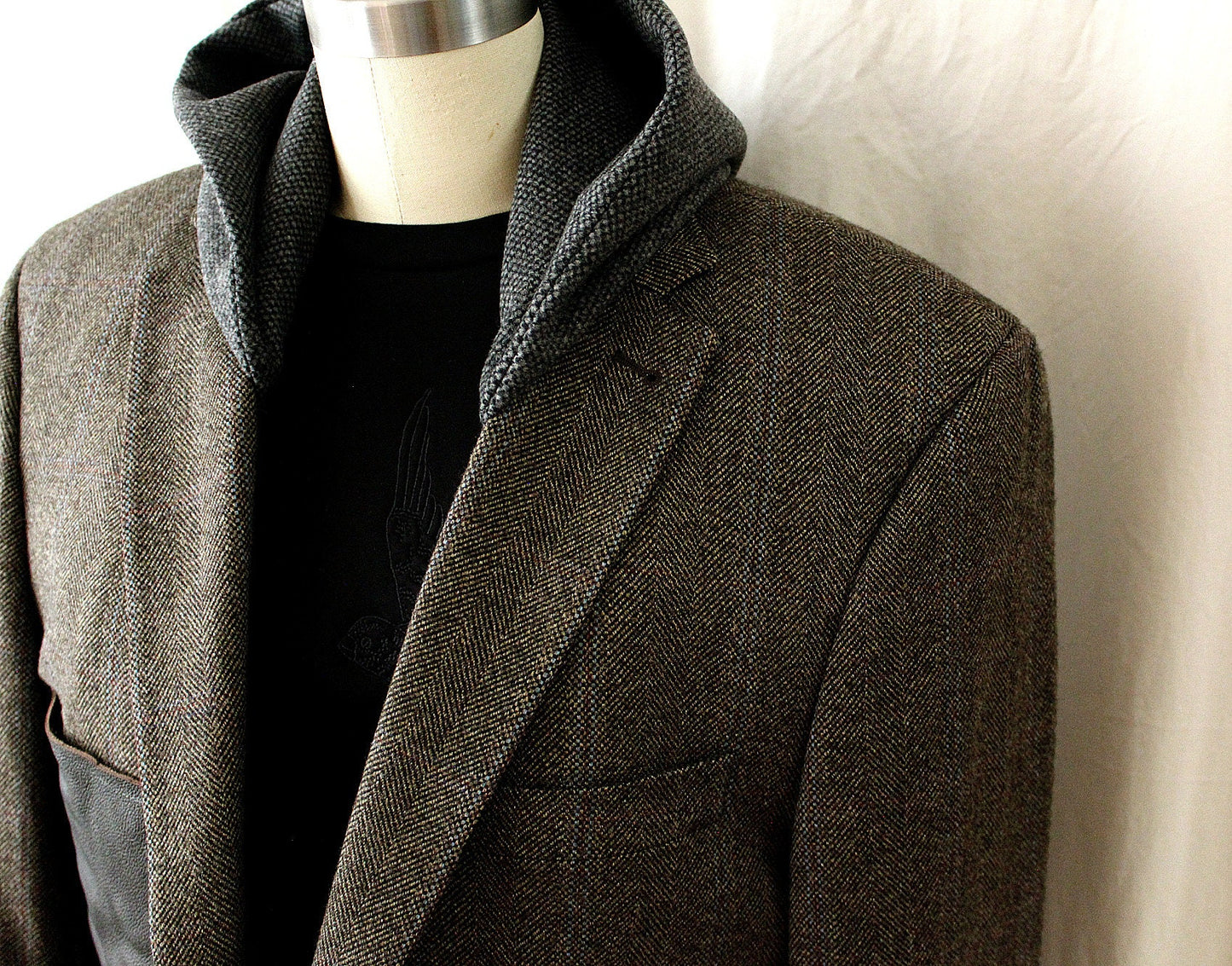 Blazer, Natural brown wool Hooded Blazer with wool cuffs, leather breast pocket, repurposed, one of a kind. Designed by Wendel Johnston.