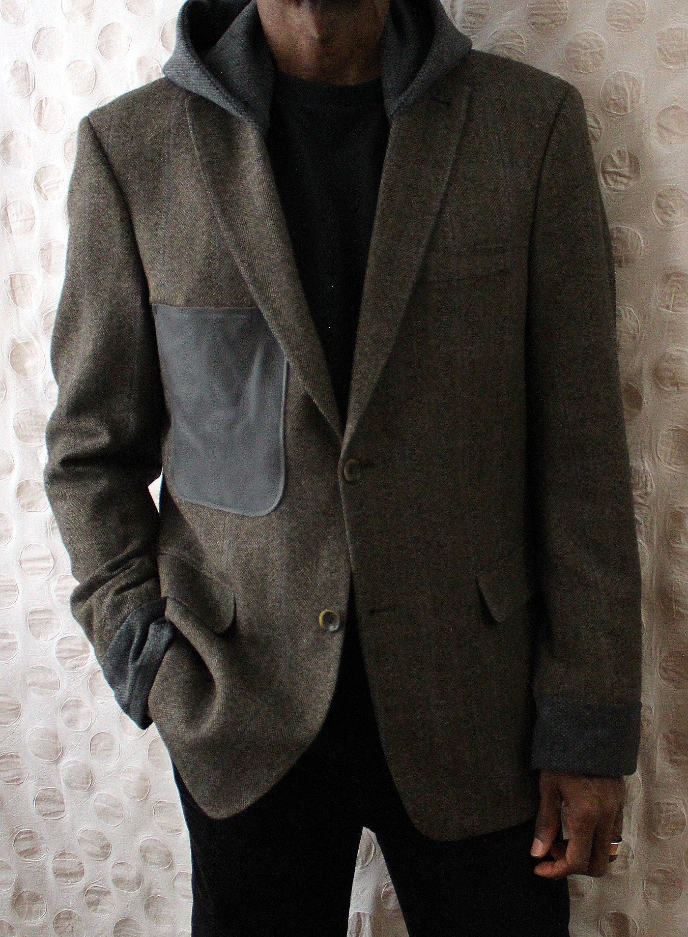 Blazer, Natural brown wool Hooded Blazer with wool cuffs, leather breast pocket, repurposed, one of a kind. Designed by Wendel Johnston.