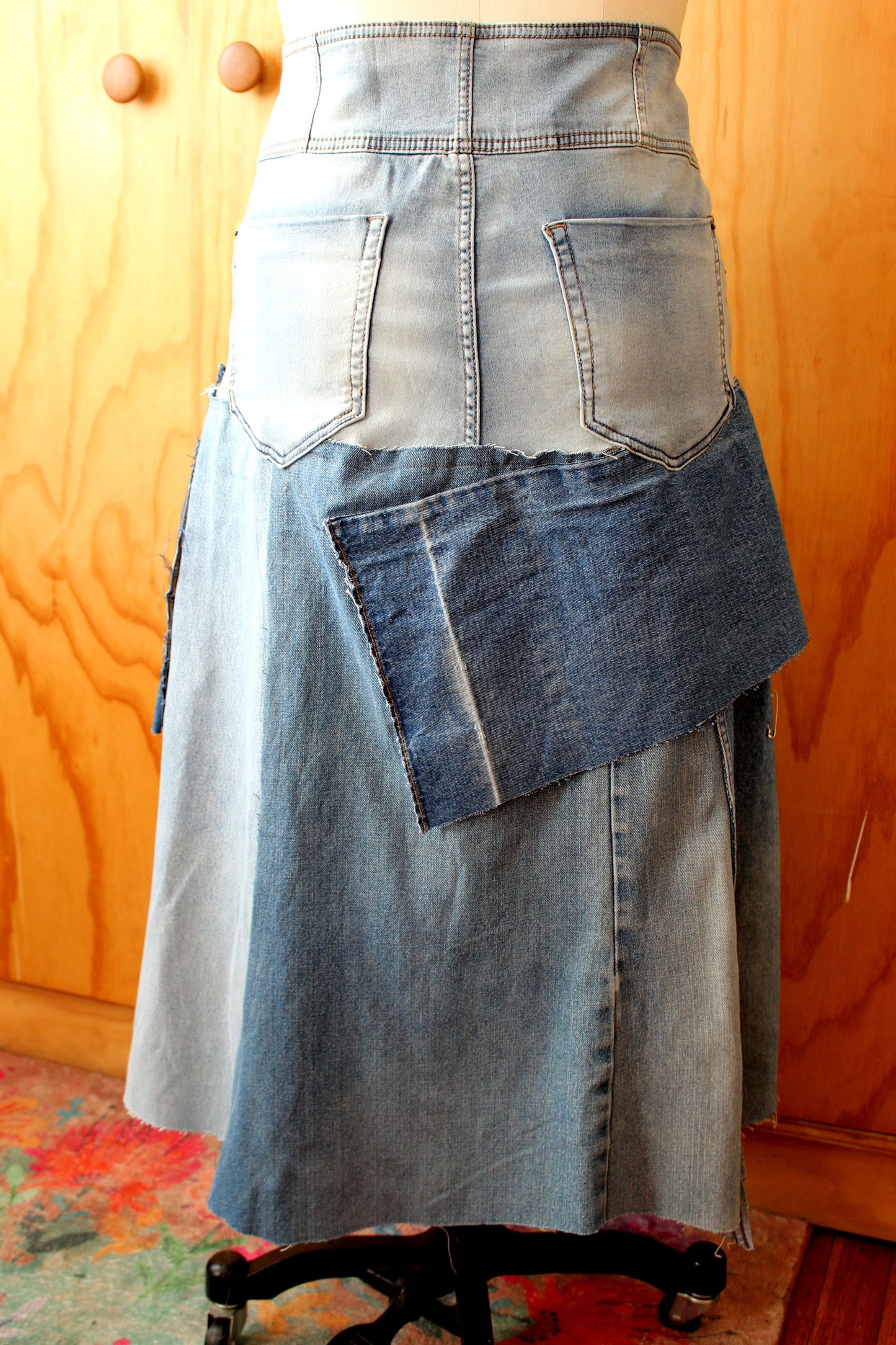 Upcycle denim slight stretch high waist skirt / waist 36-38/ hip 45-48/ length 34/streetwear chic one of a kind/alterations can be made