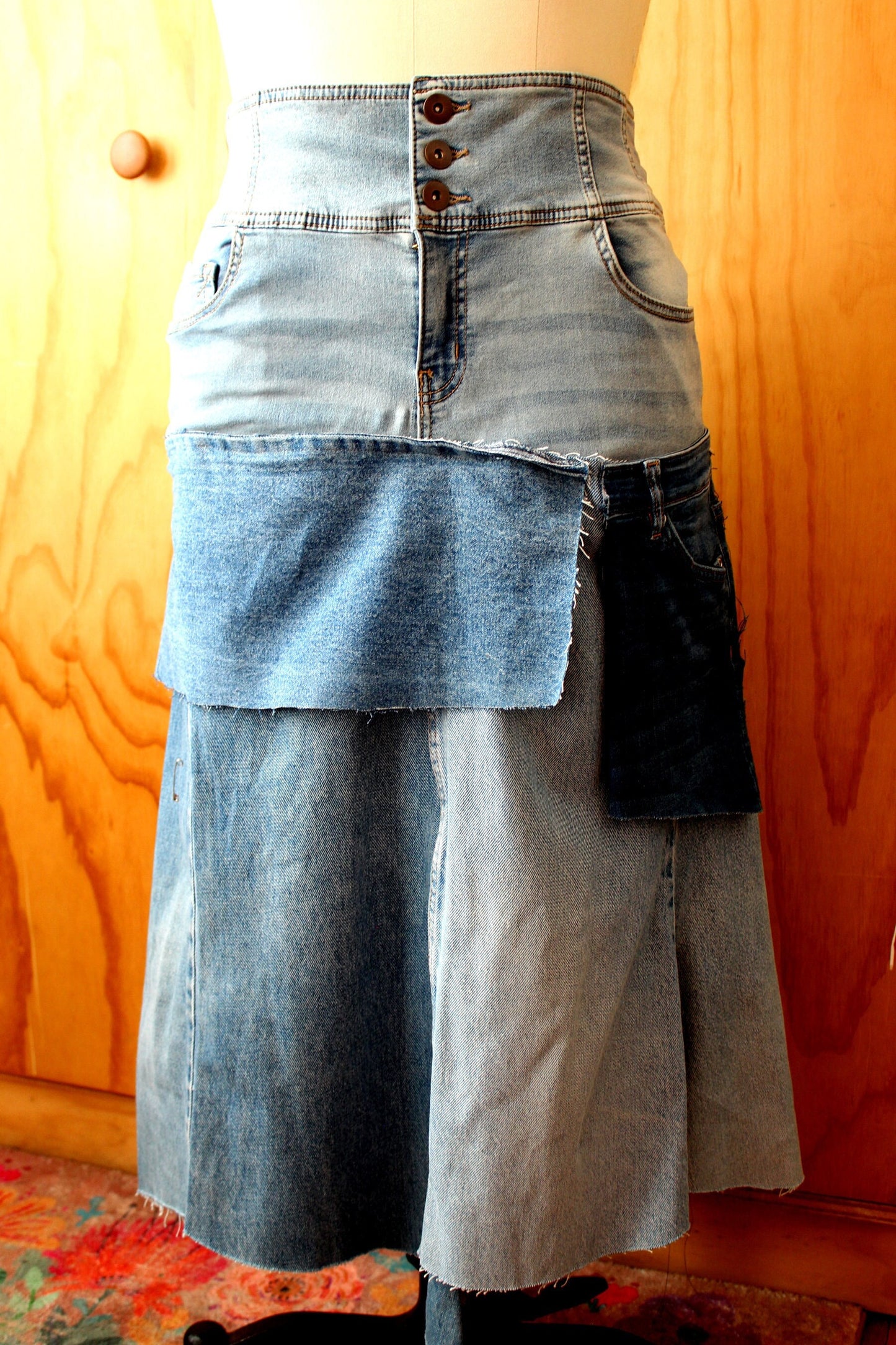 Upcycle denim slight stretch high waist skirt / waist 36-38/ hip 45-48/ length 34/streetwear chic one of a kind/alterations can be made