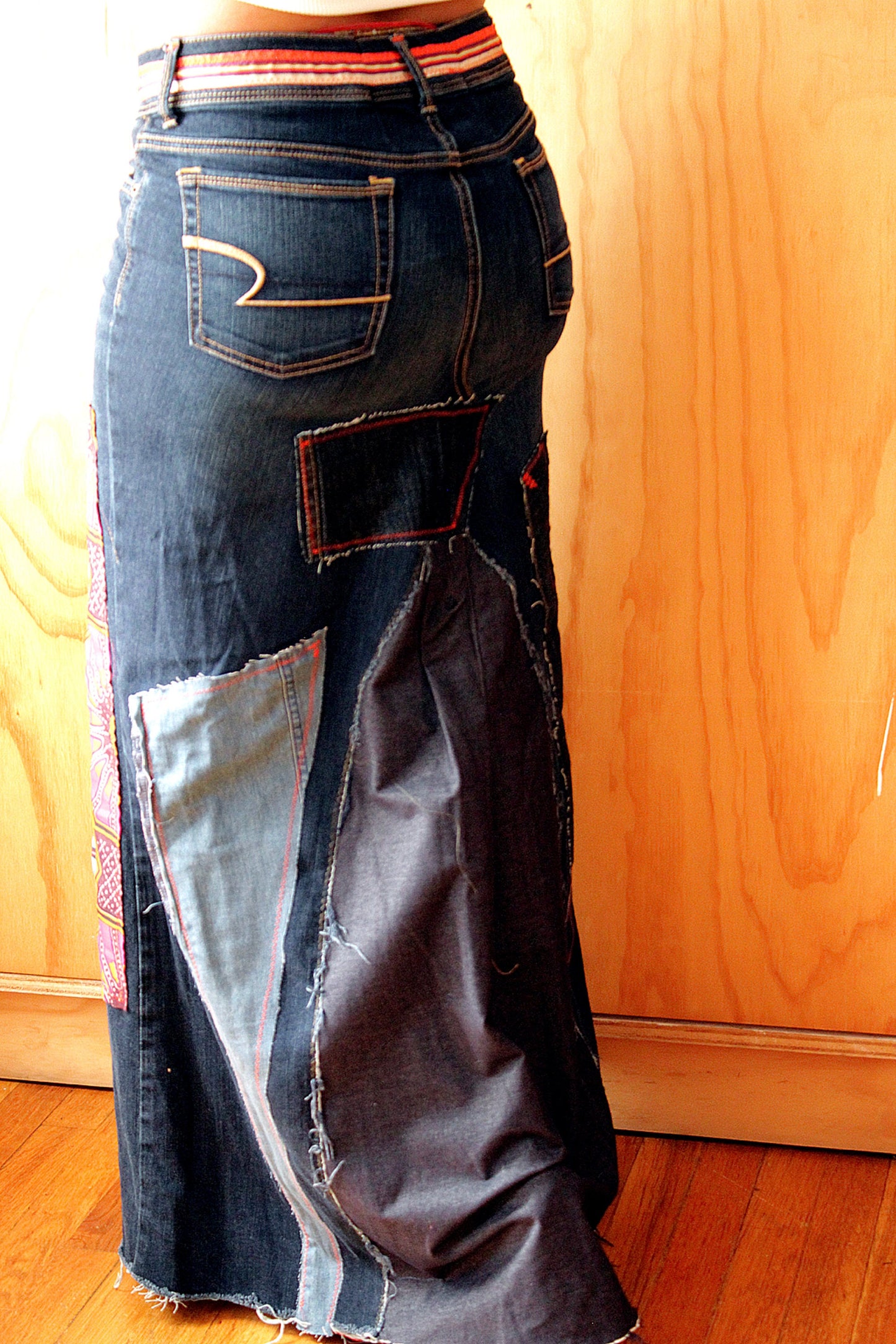 African print patched stretch denim/waist 32" hip 40" length 41" trim waist design and stitch detail design on preloved washed/Free shipping