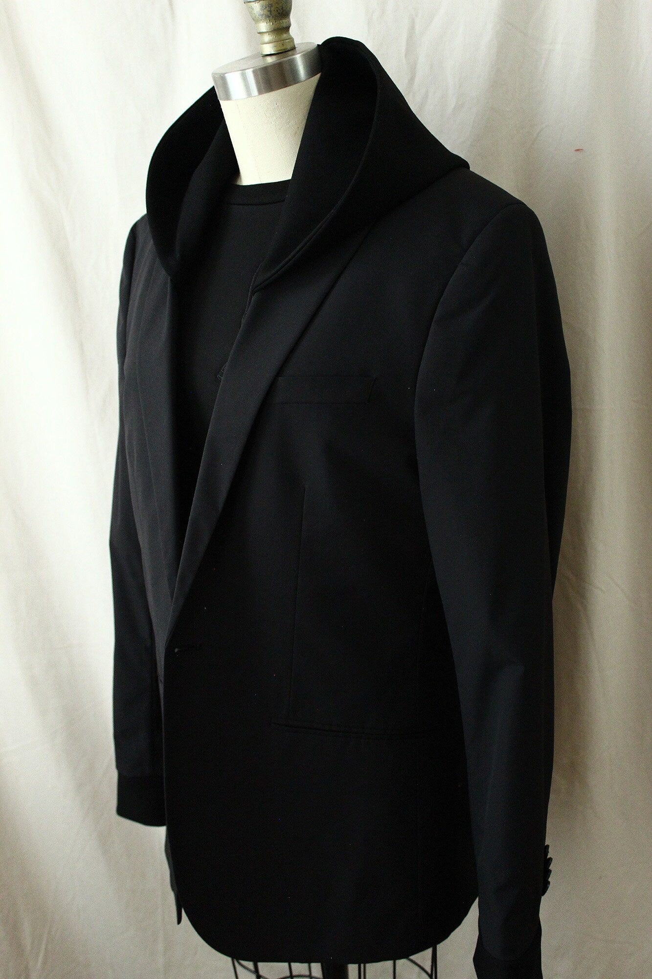 Jacket, Black viscose Hooded Blazer with knitted cuffs repurposed, one of a kind. Designed, tailored by Wendel Johnston.