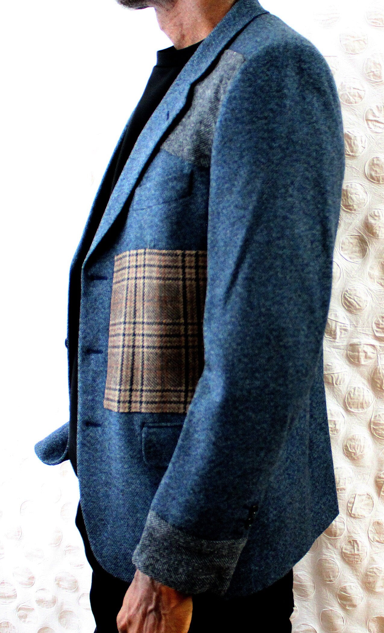 Cashmere Blazer, Men's pale blue wool jacket with cuffs, with applique, repurposed, one of a kind. All wool. Designer/tailor Wendel Johnston