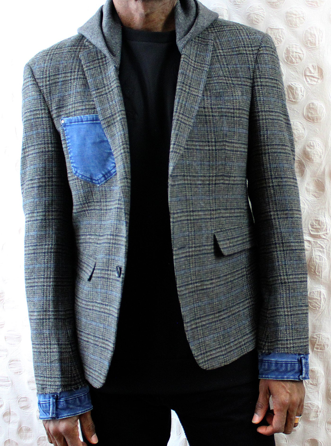 Jacket, plaid Grey wool Tweed Hooded Blazer with denim cuffs repurposed, one of a kind. Designed and tailored by Wendel Johnston.