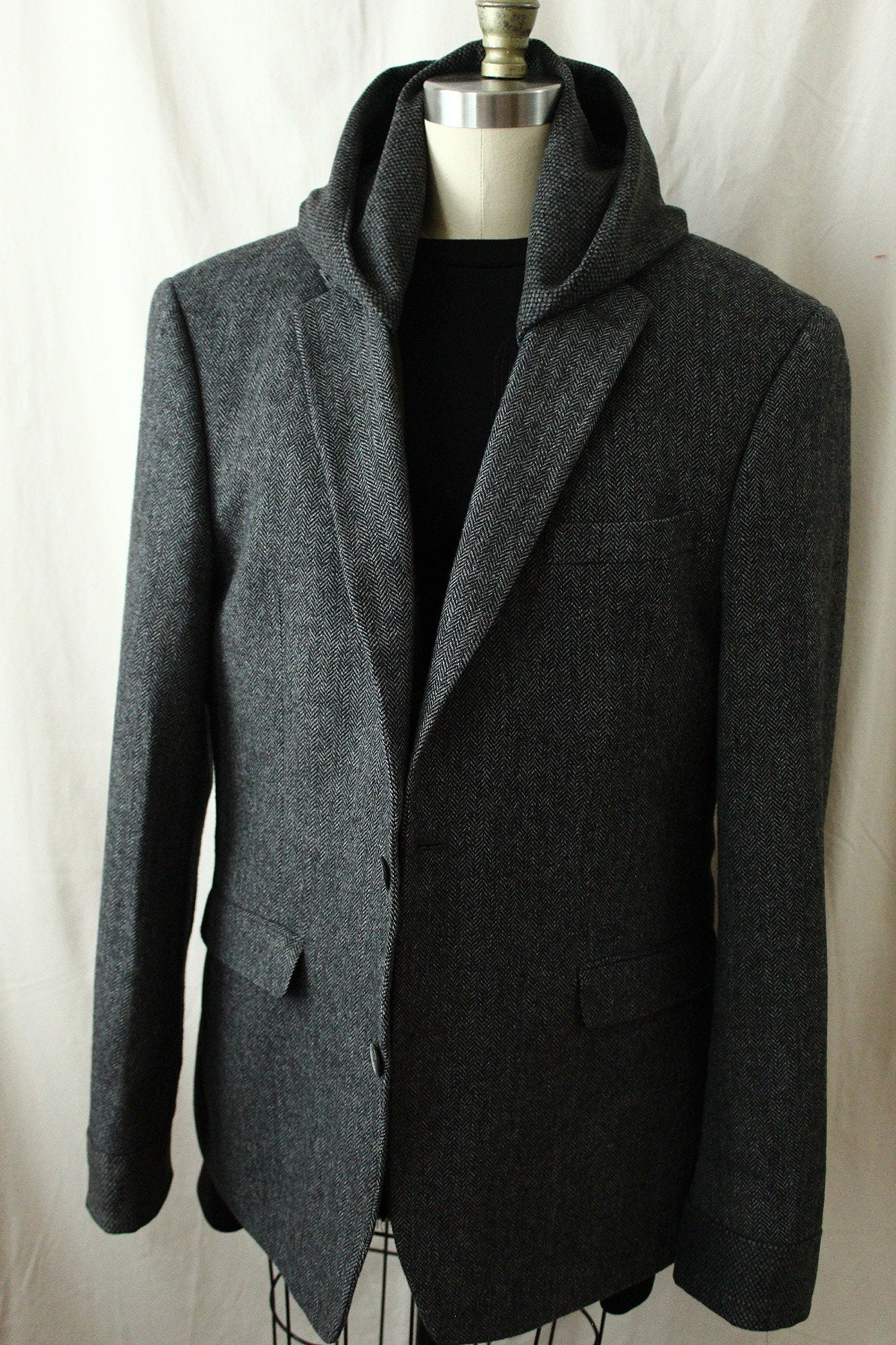 Blazer, Grey wool Hooded Blazer with wool cuffs, repurposed, one of a kind. Designed and tailored by Wendel Johnston.