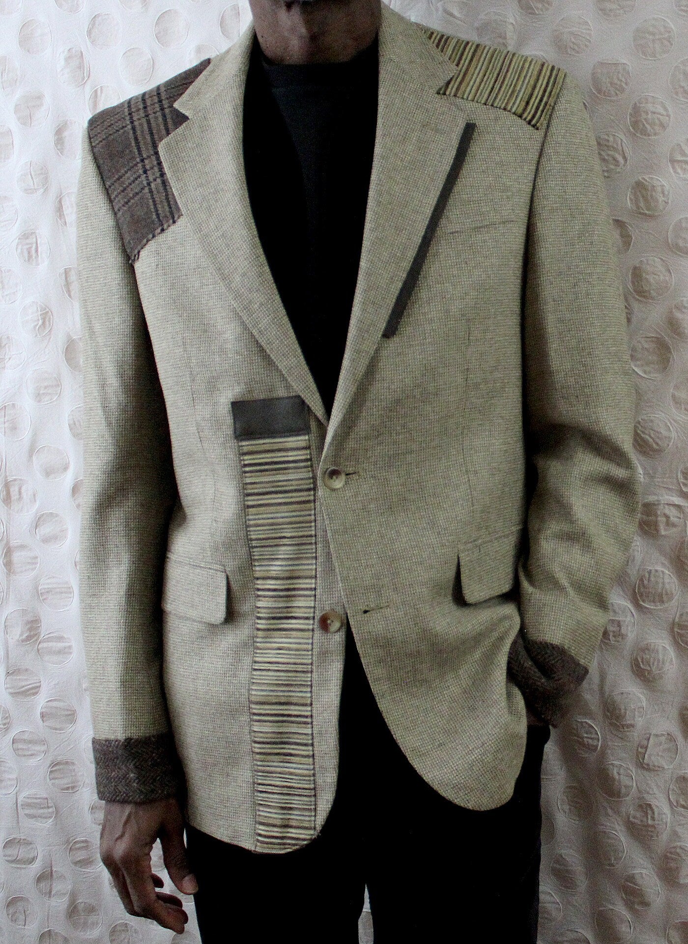 Blazer, jacket, Men's Beige wool Blazer with wool cuffs, leather and wool appliques, repurposed, one of a kind. Designed by Wendel Johnston