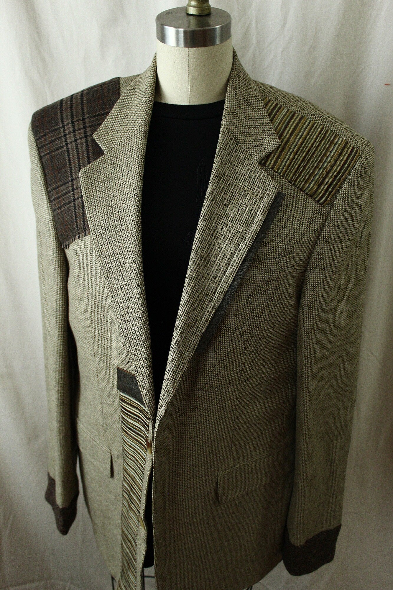 Blazer, jacket, Men's Beige wool Blazer with wool cuffs, leather and wool appliques, repurposed, one of a kind. Designed by Wendel Johnston