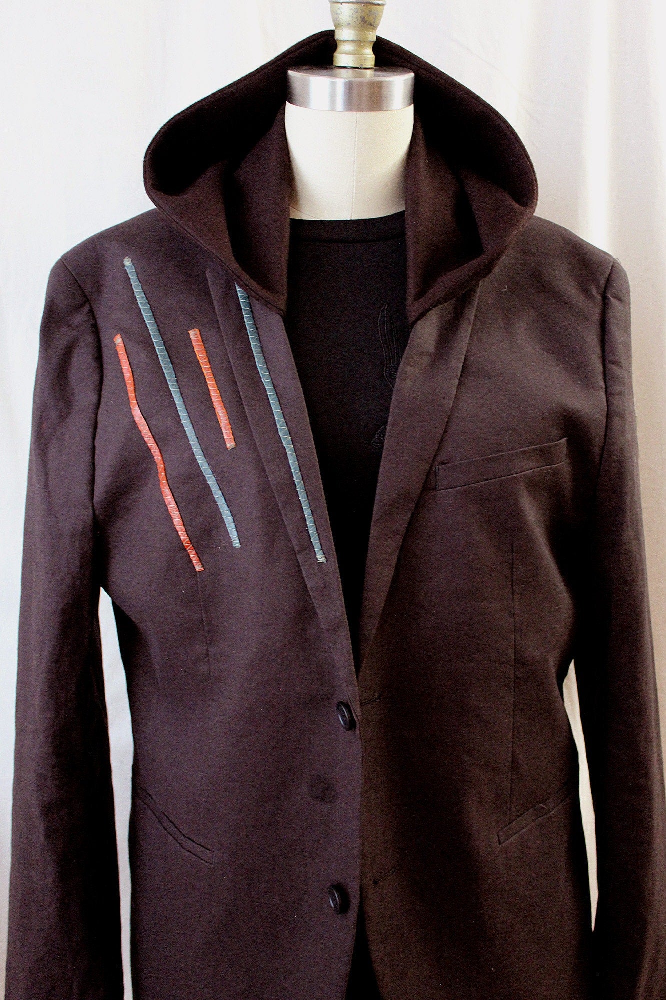 Jacket, Brown linen, cotton Blazer with wool hood, leather appliques, repurposed, one of a kind. Designed by Wendel Johnston.