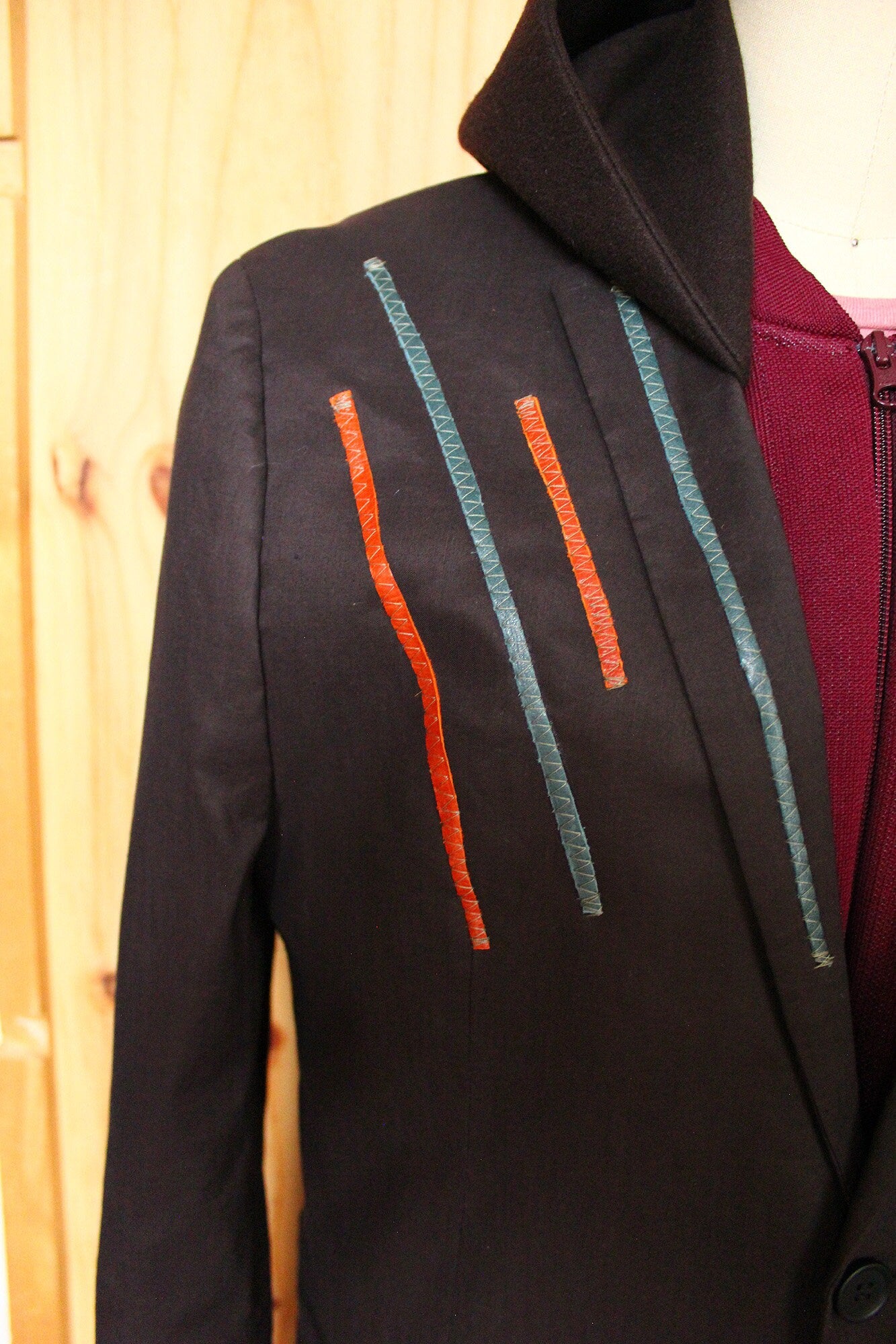 Jacket, Brown linen, cotton Blazer with wool hood, leather appliques, repurposed, one of a kind. Designed by Wendel Johnston.