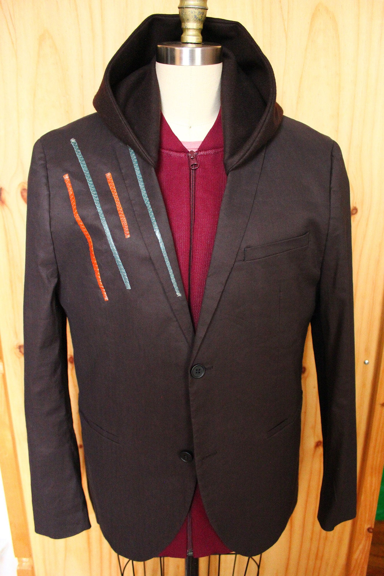 Jacket, Brown linen, cotton Blazer with wool hood, leather appliques, repurposed, one of a kind. Designed by Wendel Johnston.