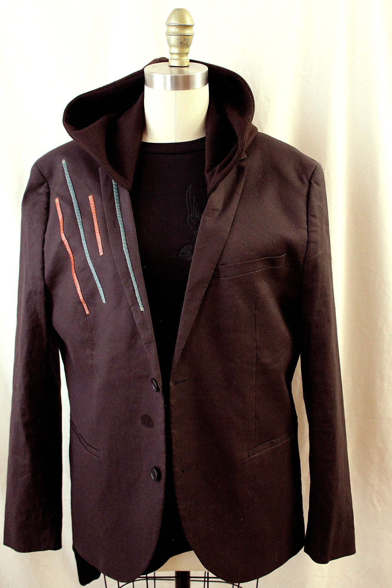 Jacket, Brown linen, cotton Blazer with wool hood, leather appliques, repurposed, one of a kind. Designed by Wendel Johnston.