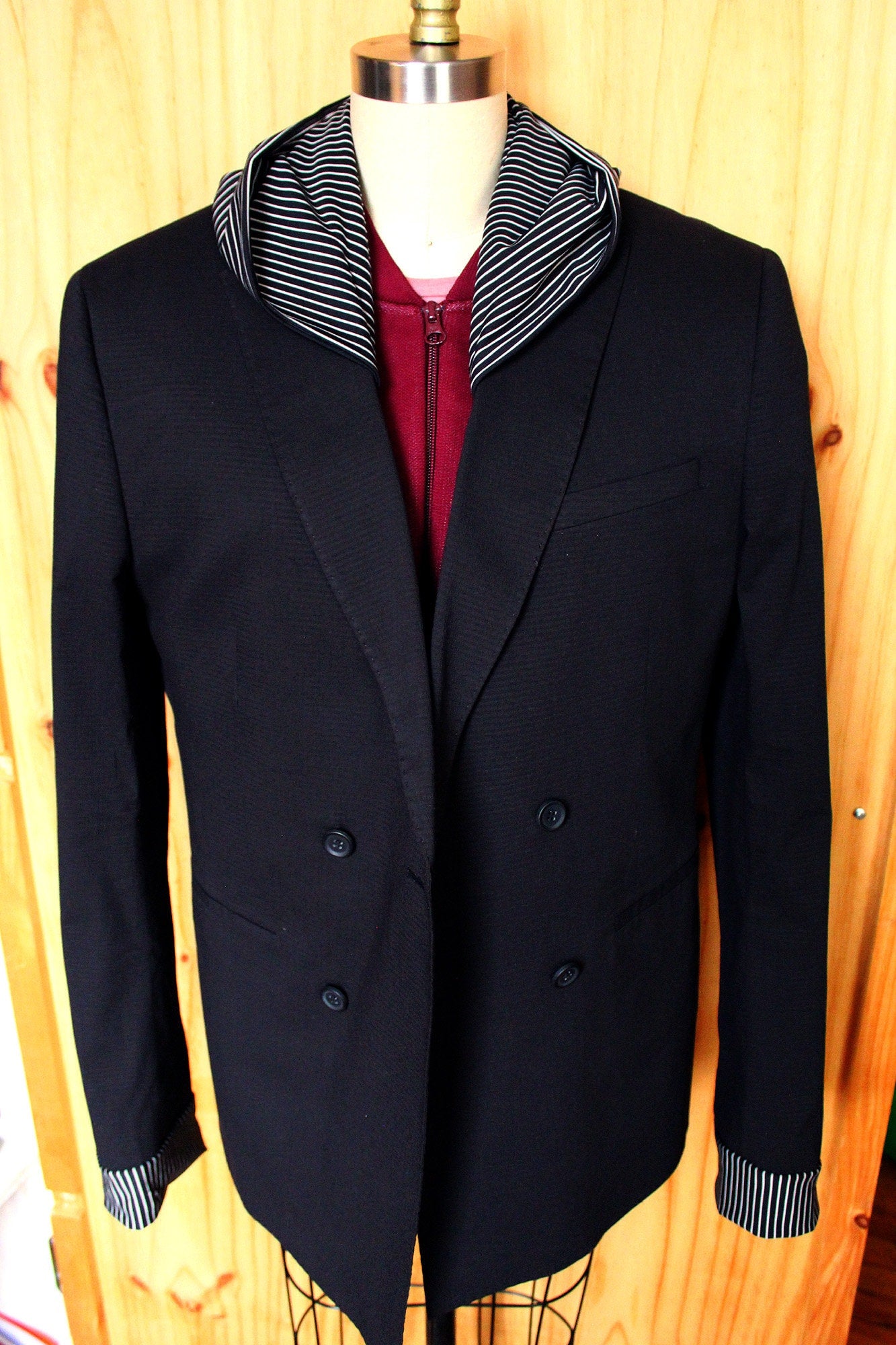 Jacket, Double breasted Black cotton poly Hooded Blazer with knitted cuffs and hood repurposed. Designed, tailored by Wendel Johnston