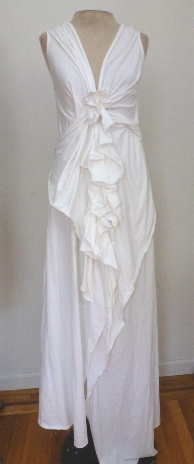 White Stretch Cotton Wedding Dress/V neck with ruffles down the front/back has drape piece/handmade by Cheryl Johnston/ one of a kind dress