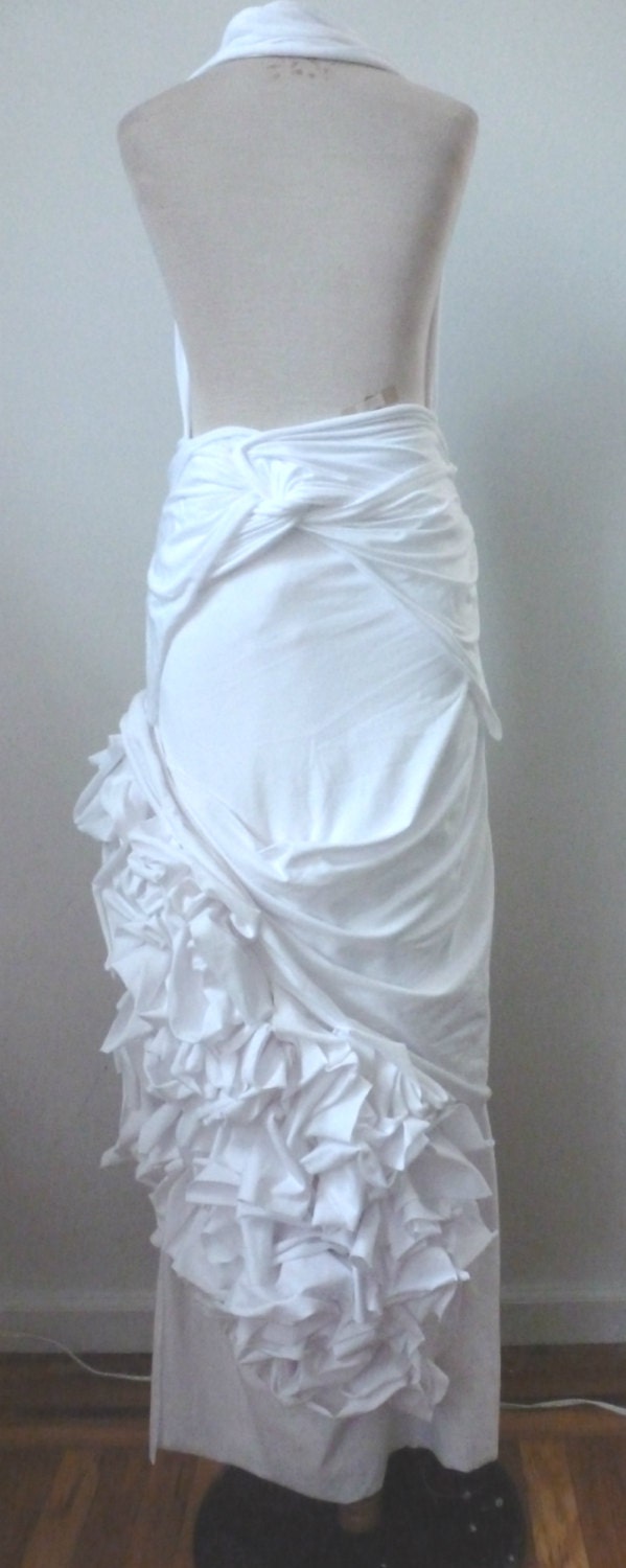 Cotton Lycra Halter wedding 2 piece/skirt with ruffles/bottom is doubled for support/ custom made by Cheryl Johnston/ raw edge one of a kind