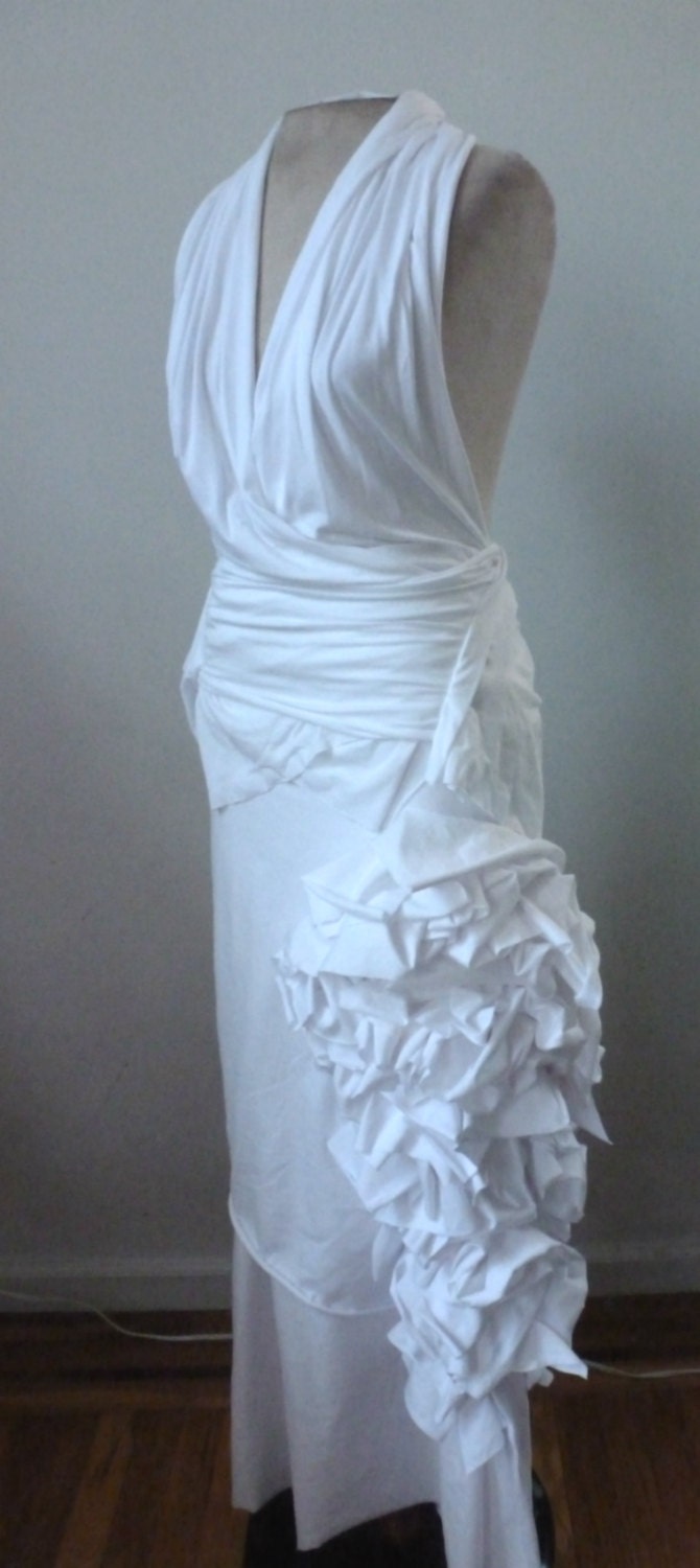 Cotton Lycra Halter wedding 2 piece/skirt with ruffles/bottom is doubled for support/ custom made by Cheryl Johnston/ raw edge one of a kind