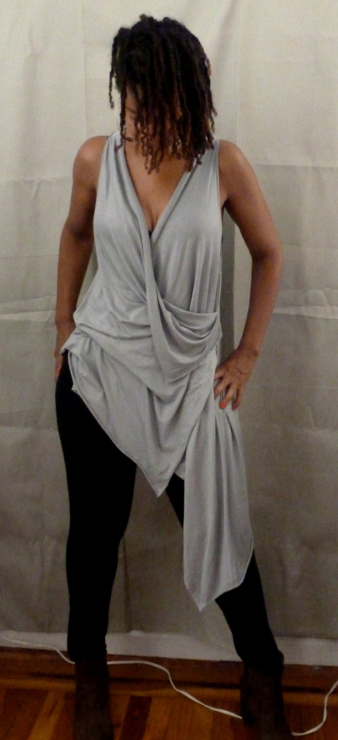 Gray rayon jersey drape tunic top/low neck sleeveless top/ chic and elegant blouse/color gray varies/