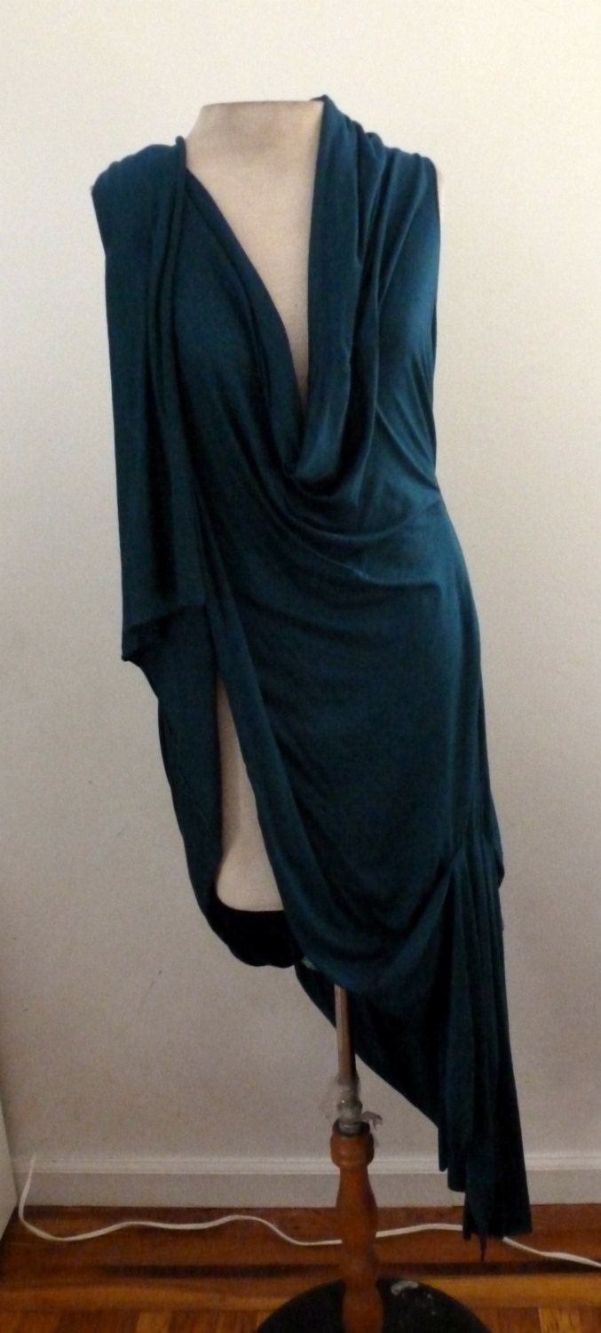 Black Long elegant drape tunic /exposed thigh on one side/ long top/ cotton rayon/ chic, evening top/custom made/ sleeveless/top with slit