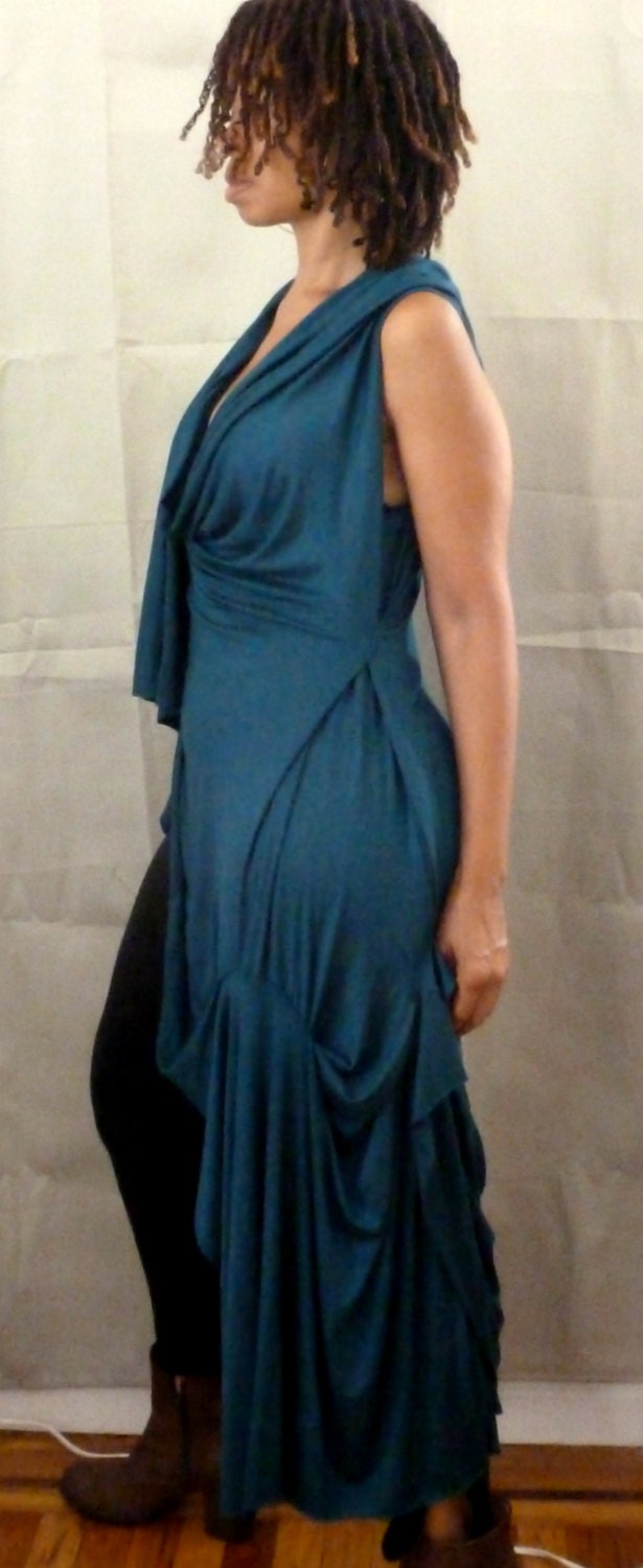 Black Long elegant drape tunic /exposed thigh on one side/ long top/ cotton rayon/ chic, evening top/custom made/ sleeveless/top with slit