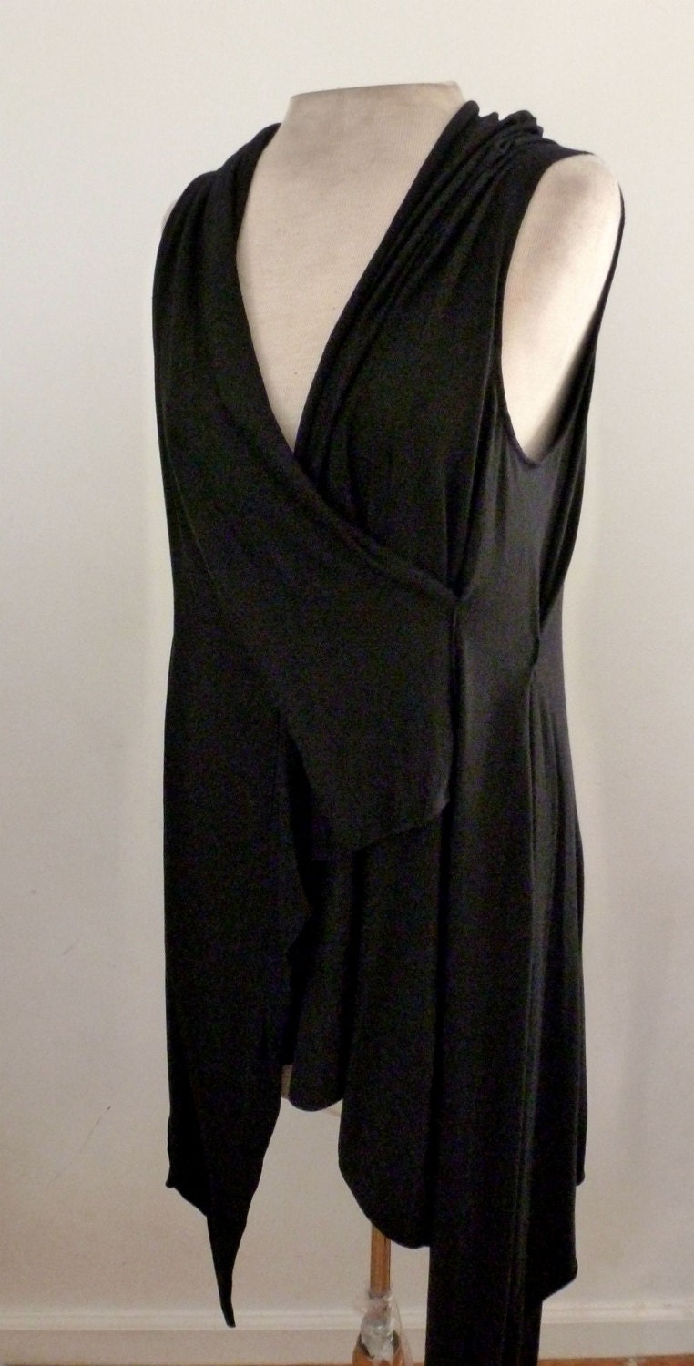 Black rayon lycra top drape top, hangs longer in the back with raw edge, waist fits for the curvy look, gothic drape top/drape blouse