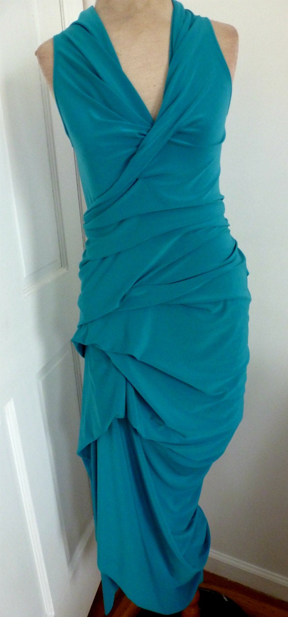 Teal jersey v neck drape dress