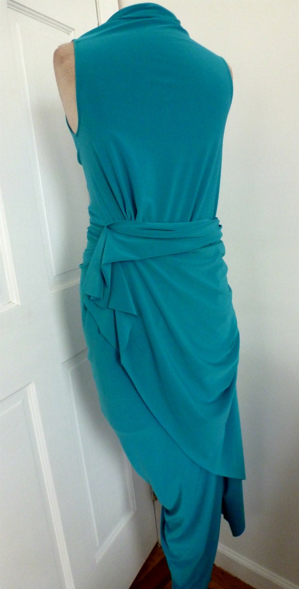 Teal jersey v neck drape dress