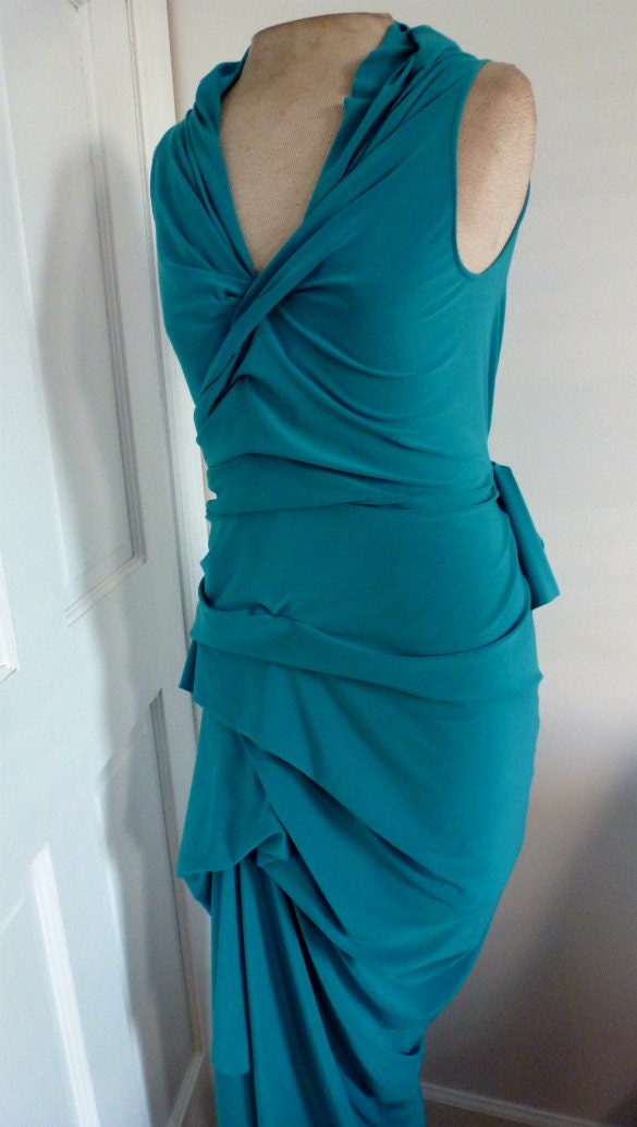 Teal jersey v neck drape dress
