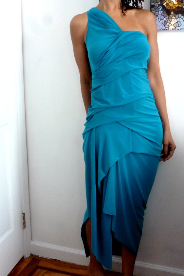Teal jersey v neck drape dress