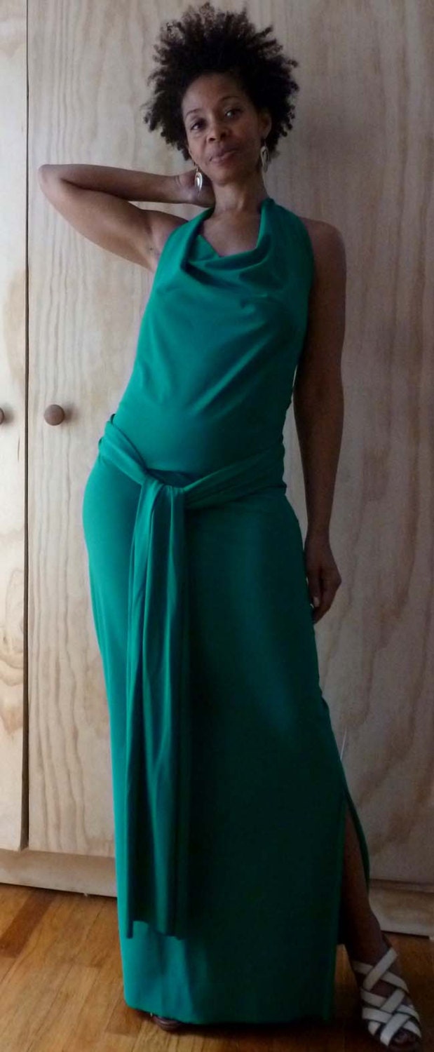 Kelly green spandex low back dress with cowl neck and drape tye