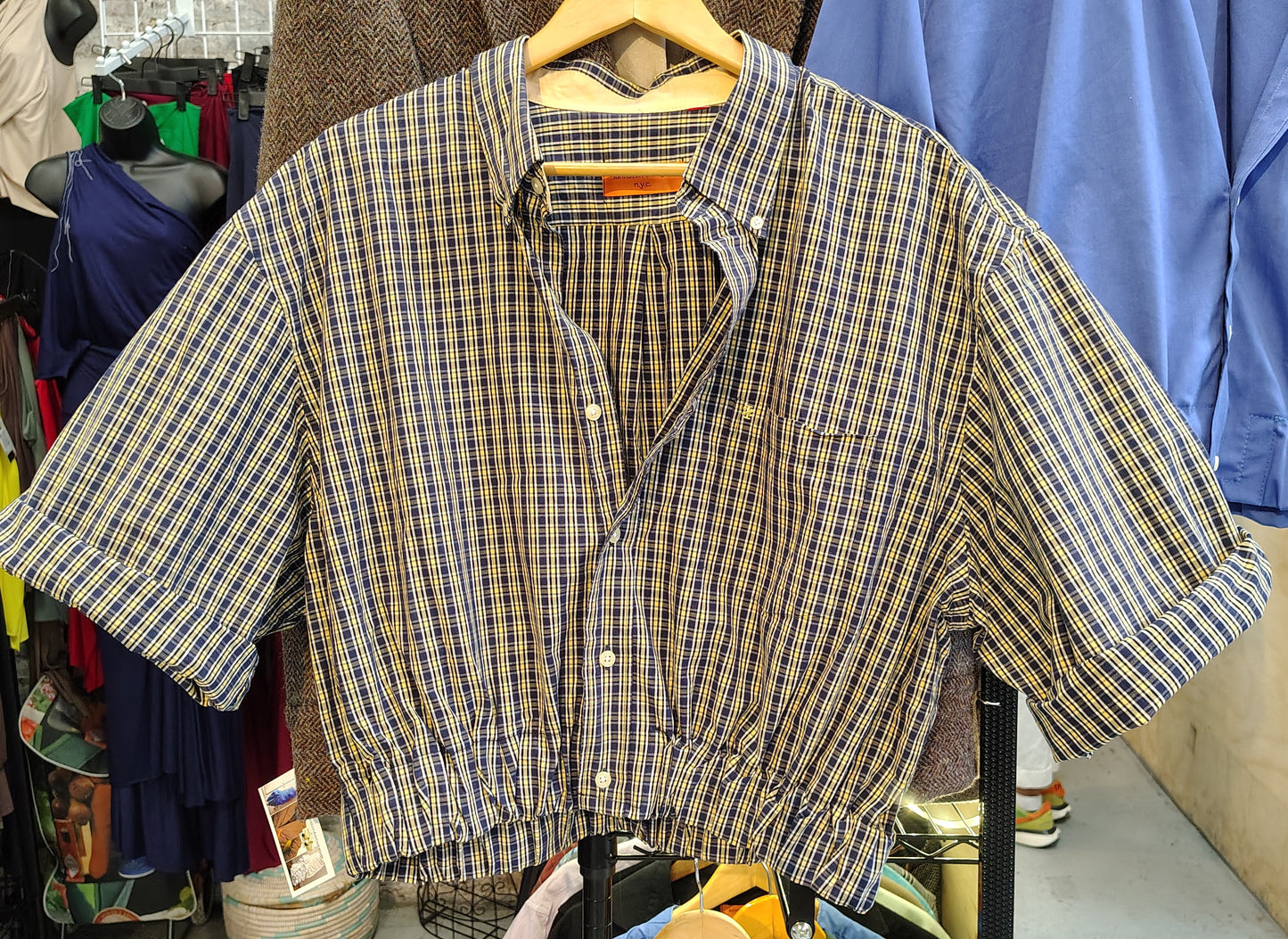 Blue / beige checks Upcycled cropped button down shirt Unisex. Cotton fabric with 2 inch elastic insert waistband.