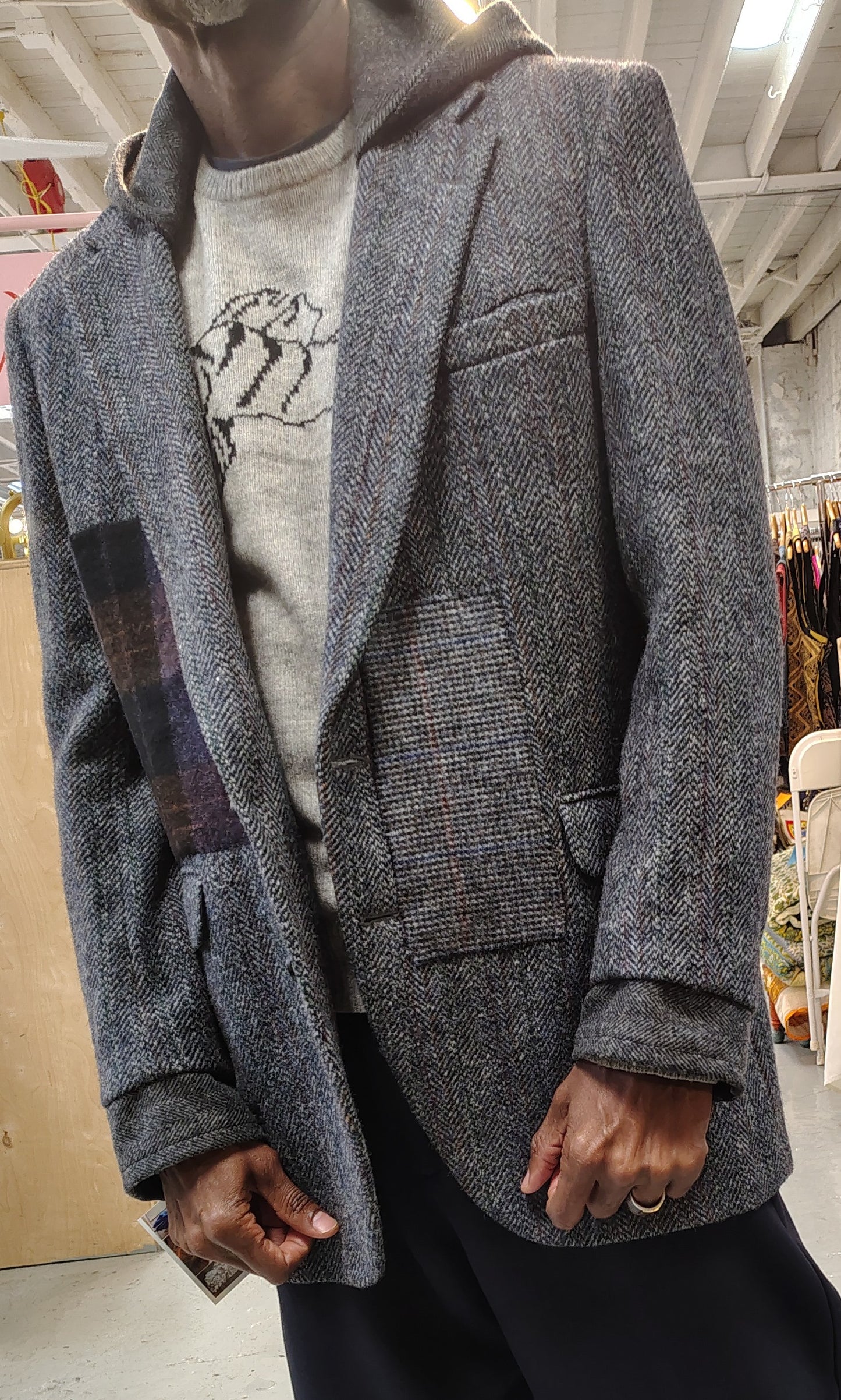 Gray hooded wool tweed jacket with plaid wool appliques. Blazer in 100% wool fabric . jacket size 44, upcycle,repurposed, one of a kind. by Wendel Johnston