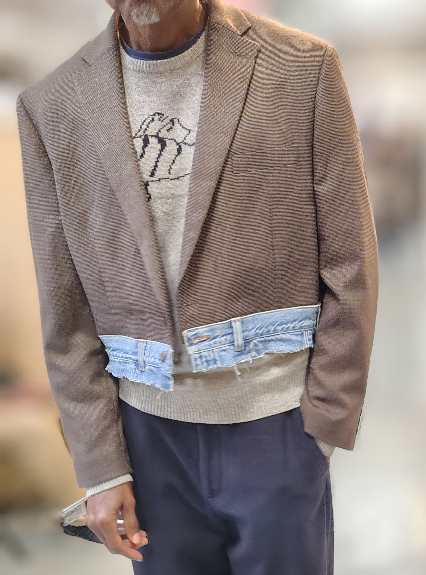 Brown wool cropped jacket with denim waist band. Unisex blazer in 100% cotton fabric . jacket size large, upcycle,repurposed, one of a kind. by Wendel Johnston