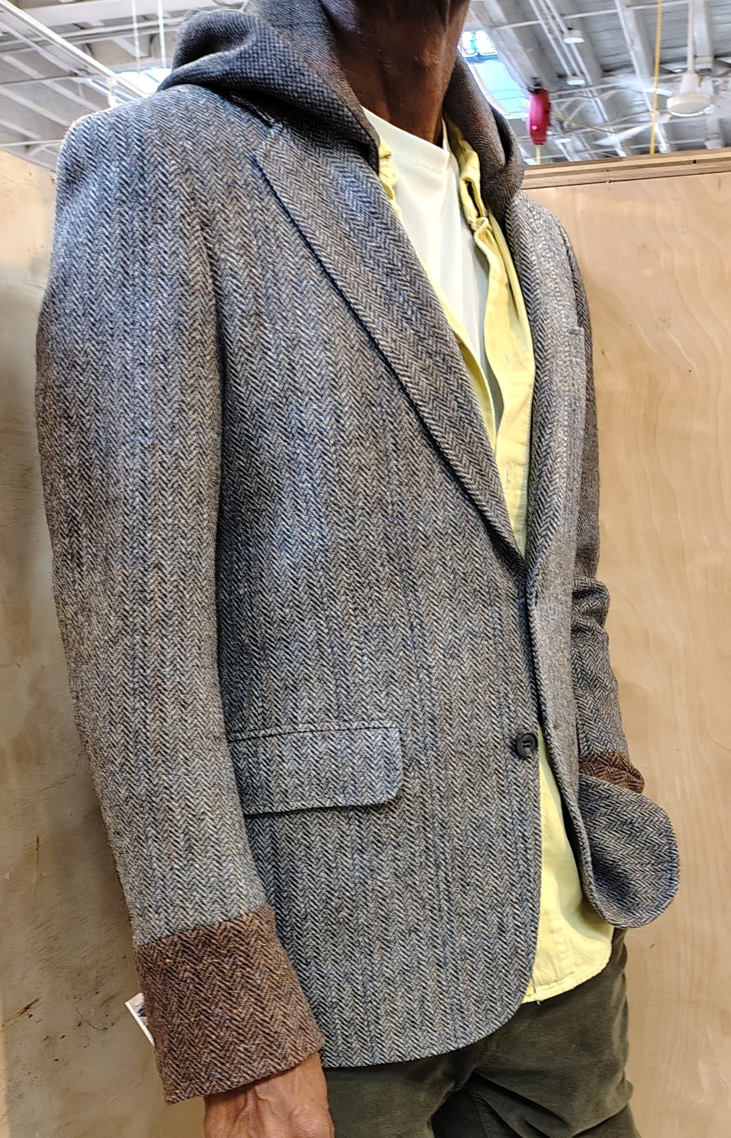 Gray wool tweed blazer with hood, Size 38 reworked jacket, wool hoodie and cuff, upcycled, repurposed, one of a kind. Designed by Wendel Johnston