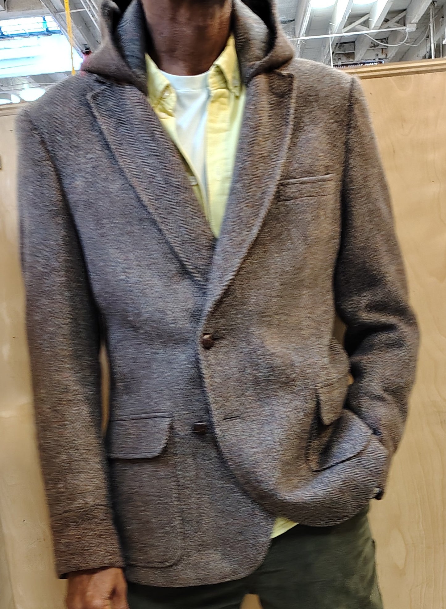Medium brown hooded wool tweed blazer, Size 42 reworked jacket, wool hoodie with leather buttons, upcycled, repurposed, one of a kind. Designed by Wendel Johnston