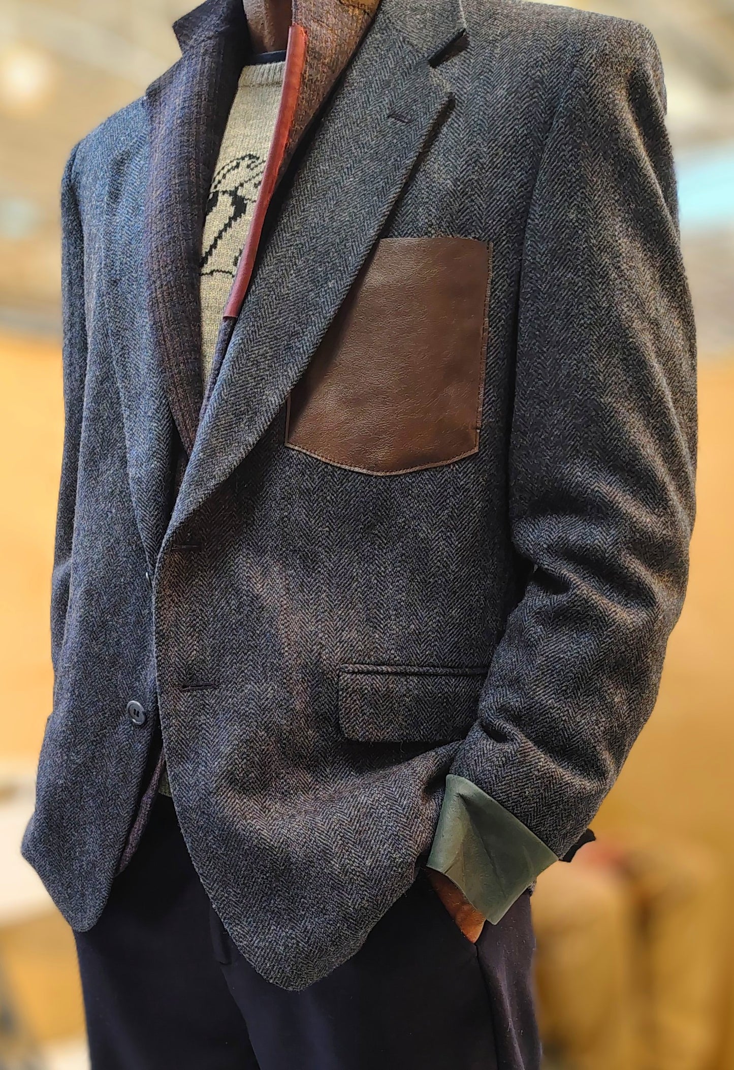 Blueish gray tweed blazer with leather cuff in wool. jacket size 43, up cycled,repurposed, one of a kind. by Wendel Johnston