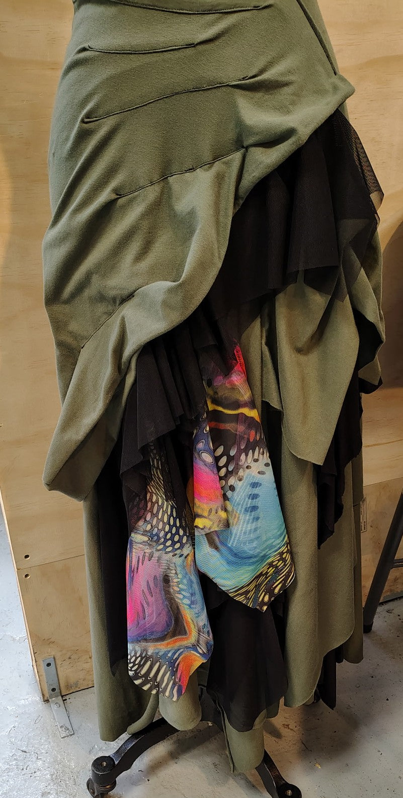 Mardi Gras size 8-10 medium $155 light olive skirt cotton lycra, skirt ready for movement. Designed and made by Cheryl Johnston