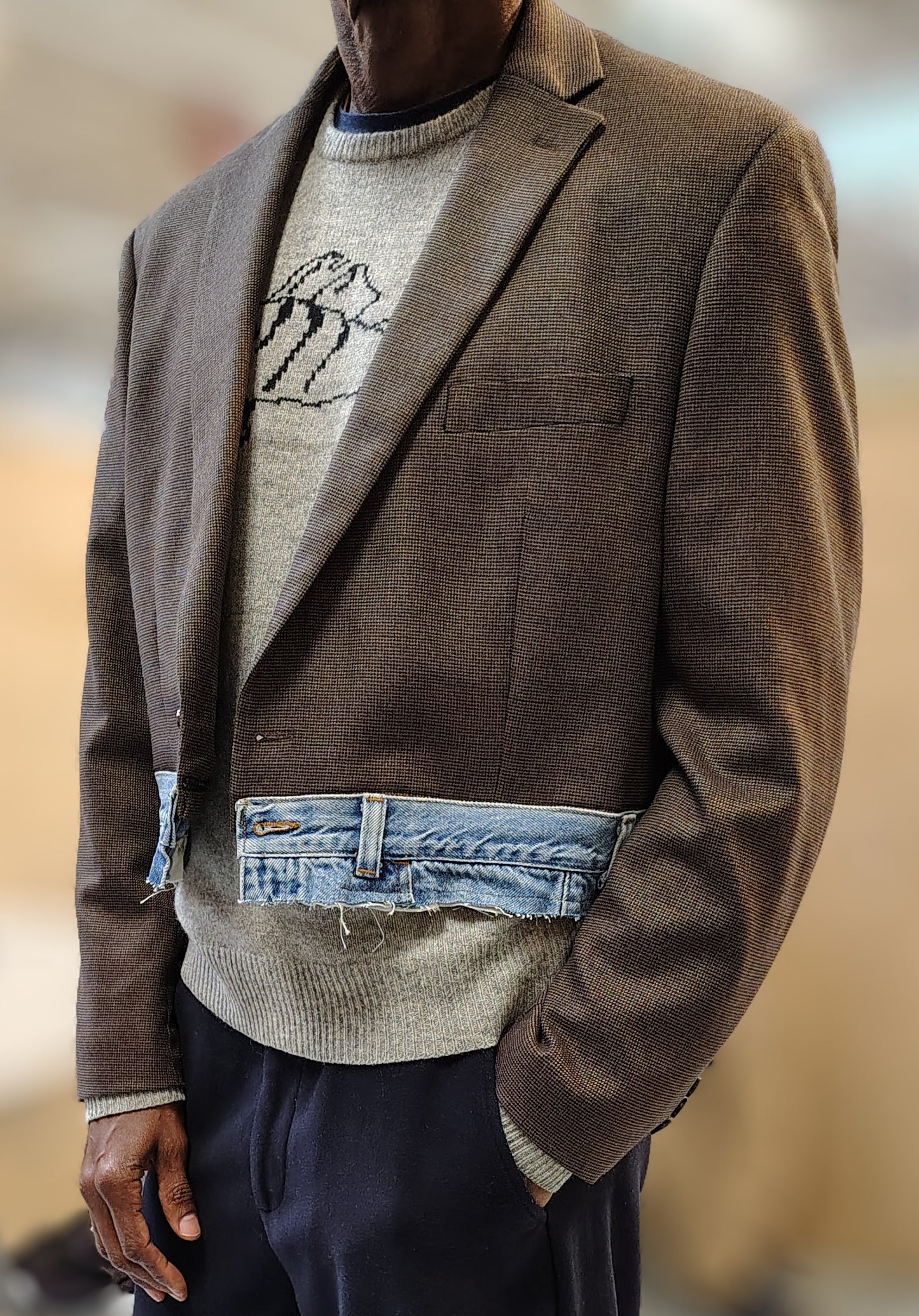 Brown wool cropped jacket with denim waist band. Unisex blazer in 100% cotton fabric . jacket size large, upcycle,repurposed, one of a kind. by Wendel Johnston