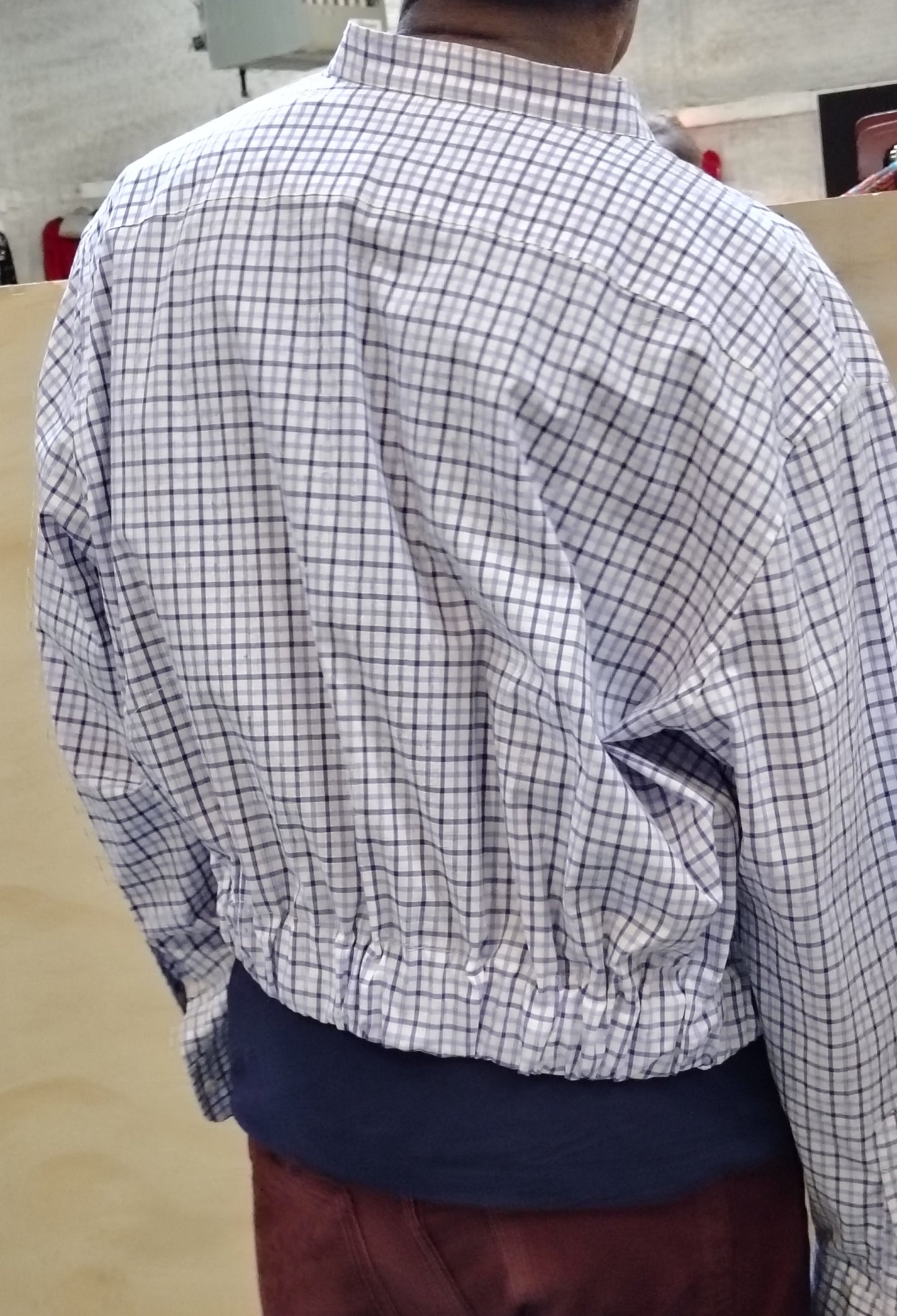 Checks #1 - Upcycled cropped button down shirt Unisex. Cotton fabric with 2 inch elastic insert waistband.