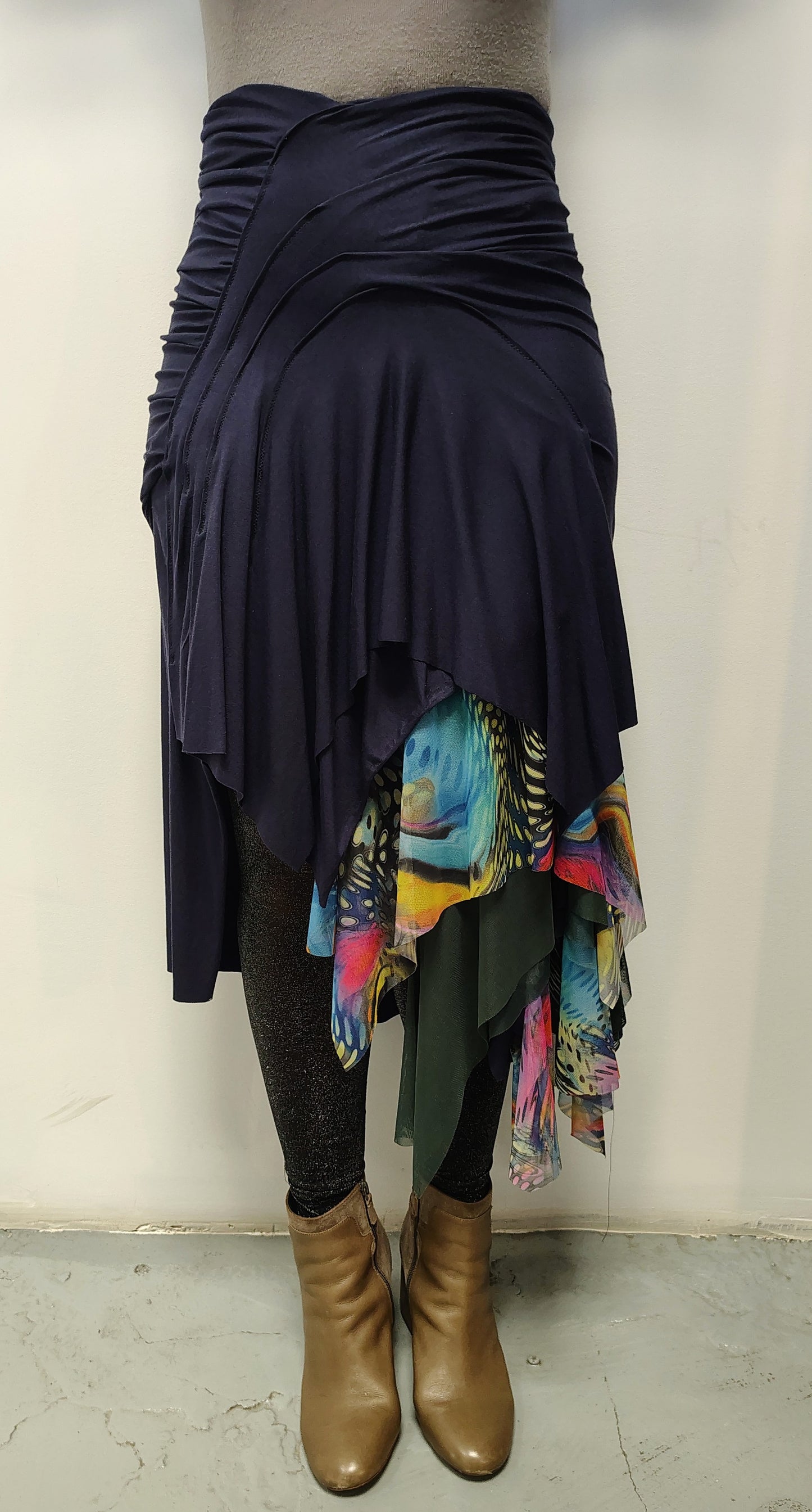 Peacock size 8-10 medium, $155 skirt rayon jersey, skirt ready for movement. Designed and made by Cheryl Johnston