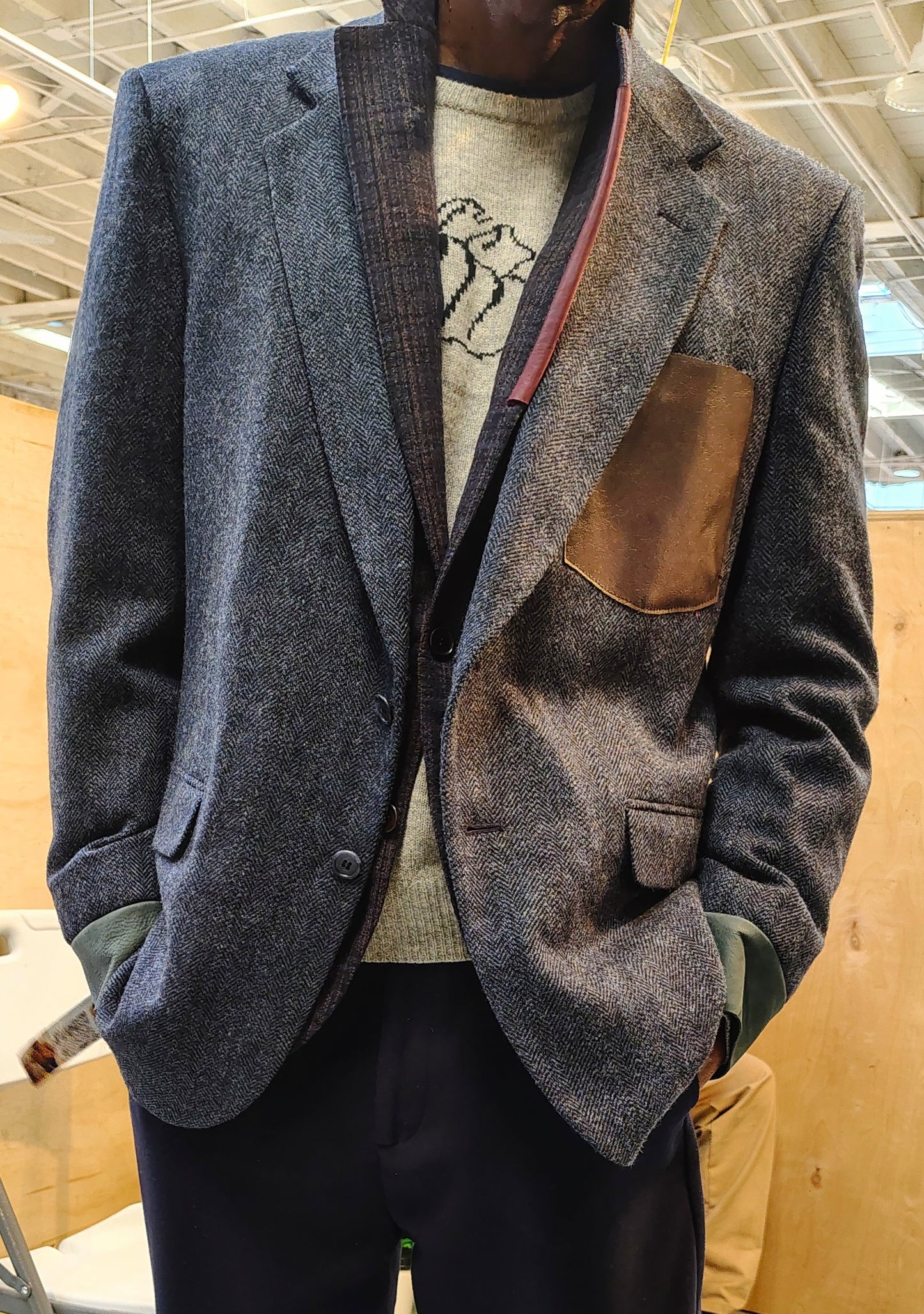 Blueish gray tweed blazer with leather cuff in wool. jacket size 43, up cycled,repurposed, one of a kind. by Wendel Johnston