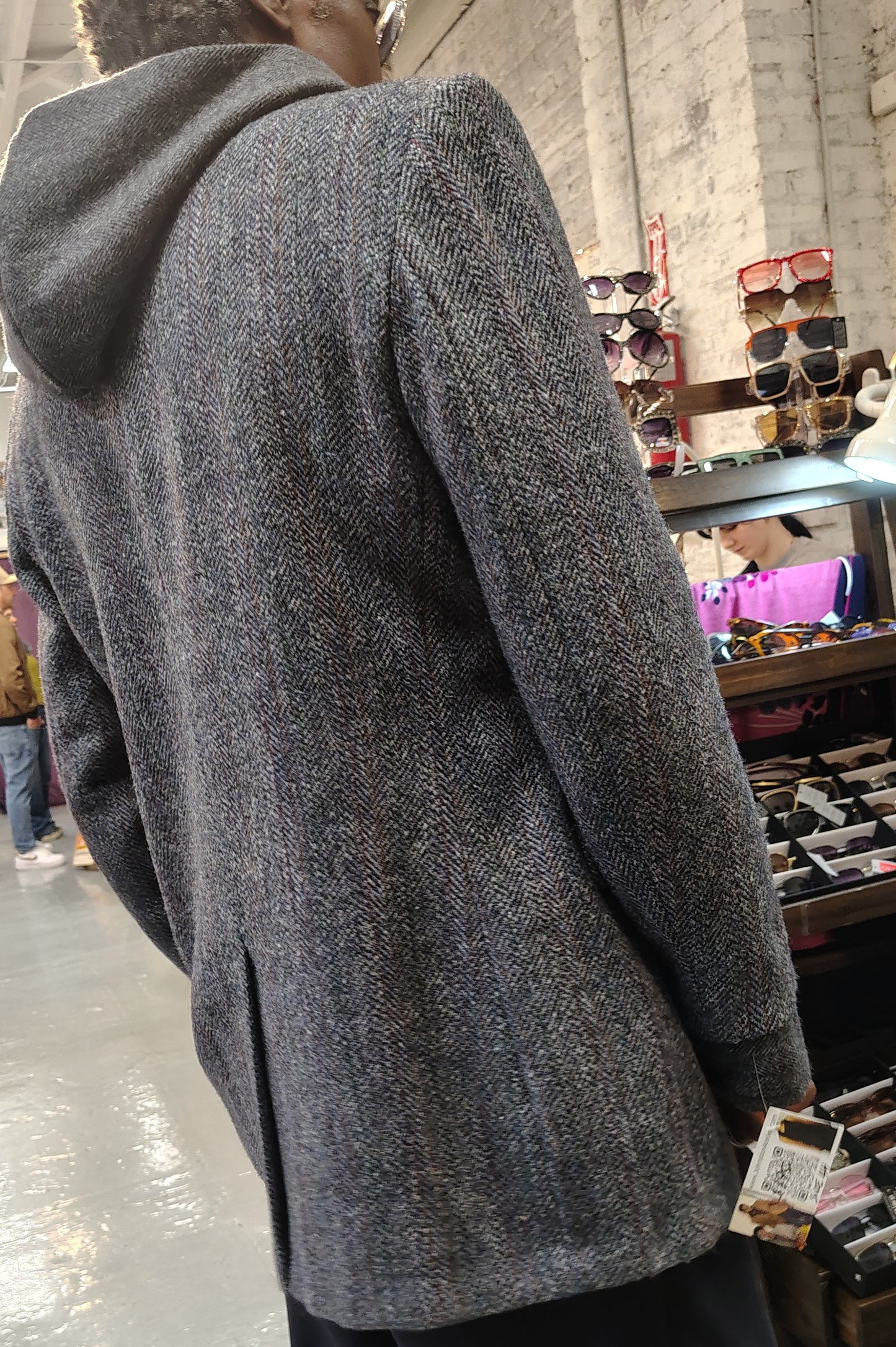Gray hooded wool tweed jacket with plaid wool appliques. Blazer in 100% wool fabric . jacket size 44, upcycle,repurposed, one of a kind. by Wendel Johnston