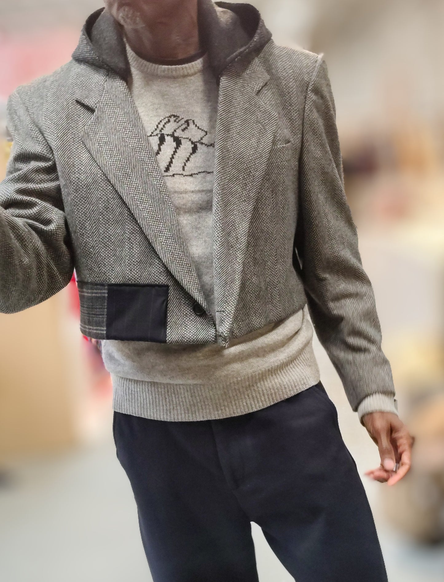 Hooded gray wool cropped tweed jacket with wool appliques. Blazer in wool fabric . jacket size 44, upcycle,repurposed, one of a kind. by Wendel Johnston
